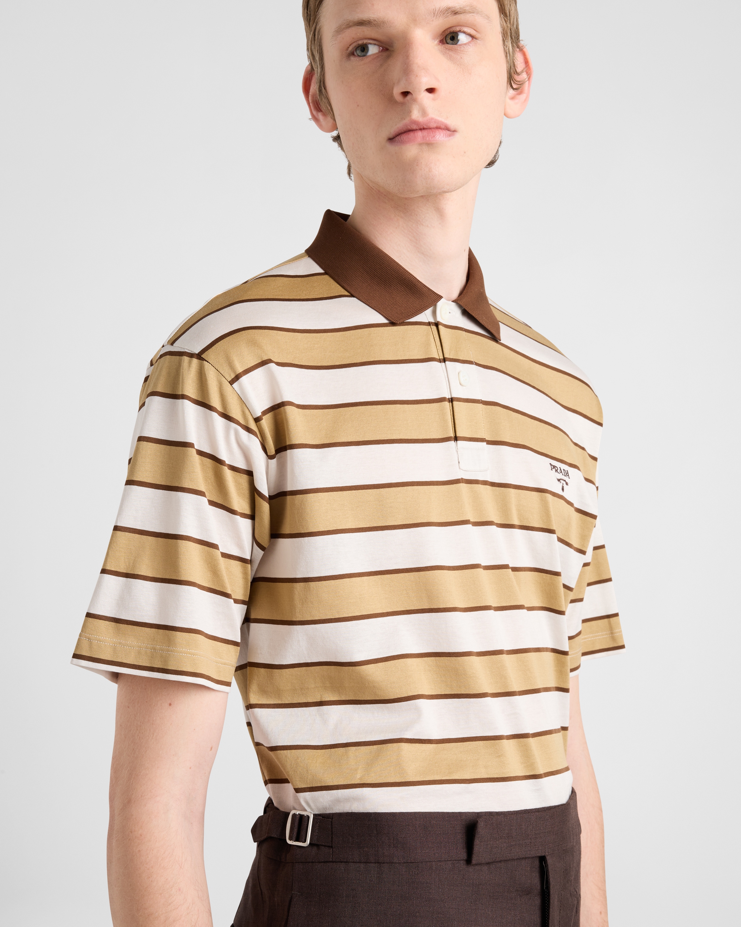 sullen購入　prada ポロシャツ　ボーダー Chalk White/camel Cotton Polo Shirt | PRADA