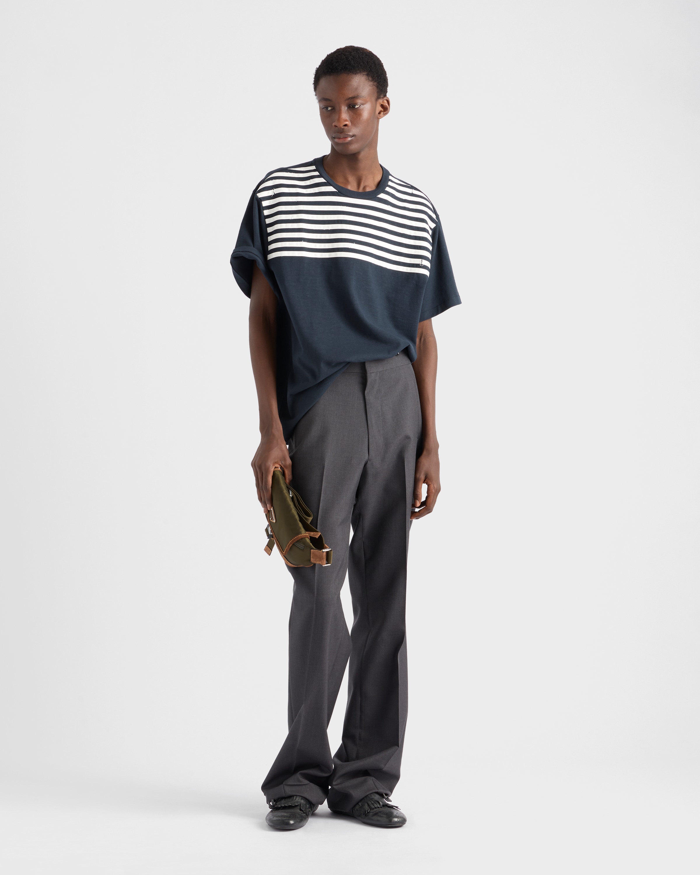 Baltic Blue Oversized Striped Cotton T-shirt | PRADA