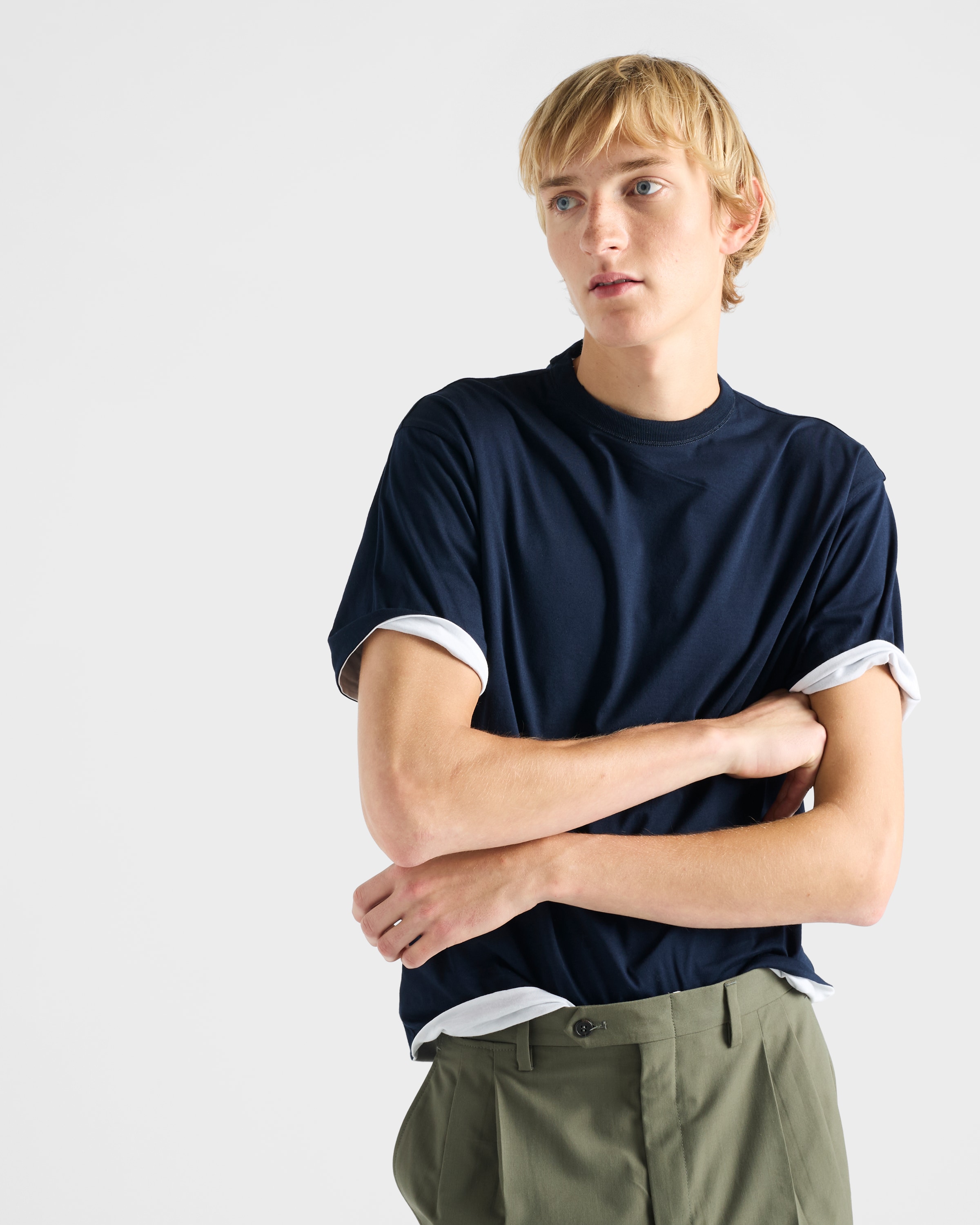 White/navy Blue Reversible Cotton T-shirt | PRADA