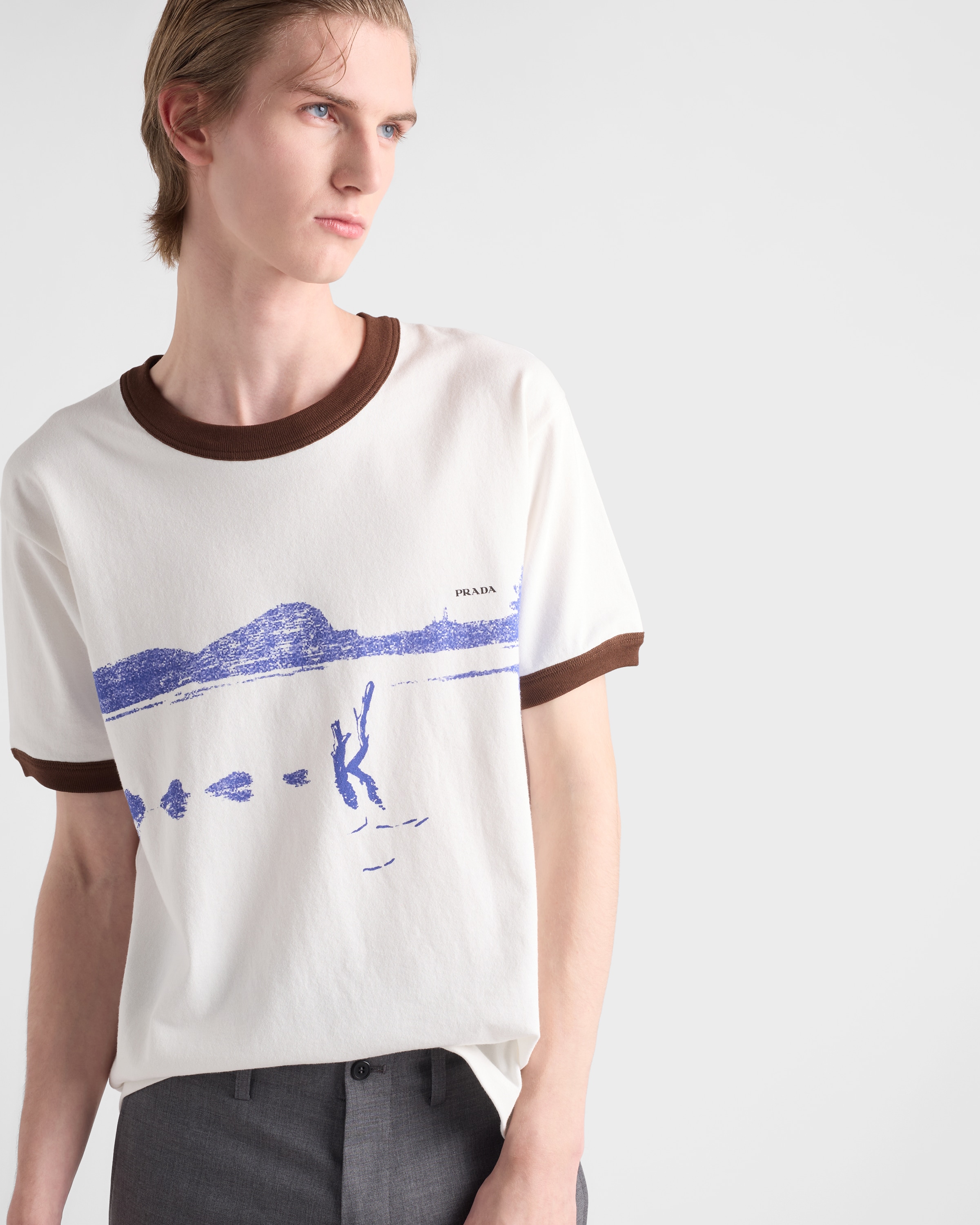 White/ink Printed Cotton T-shirt | PRADA - United States