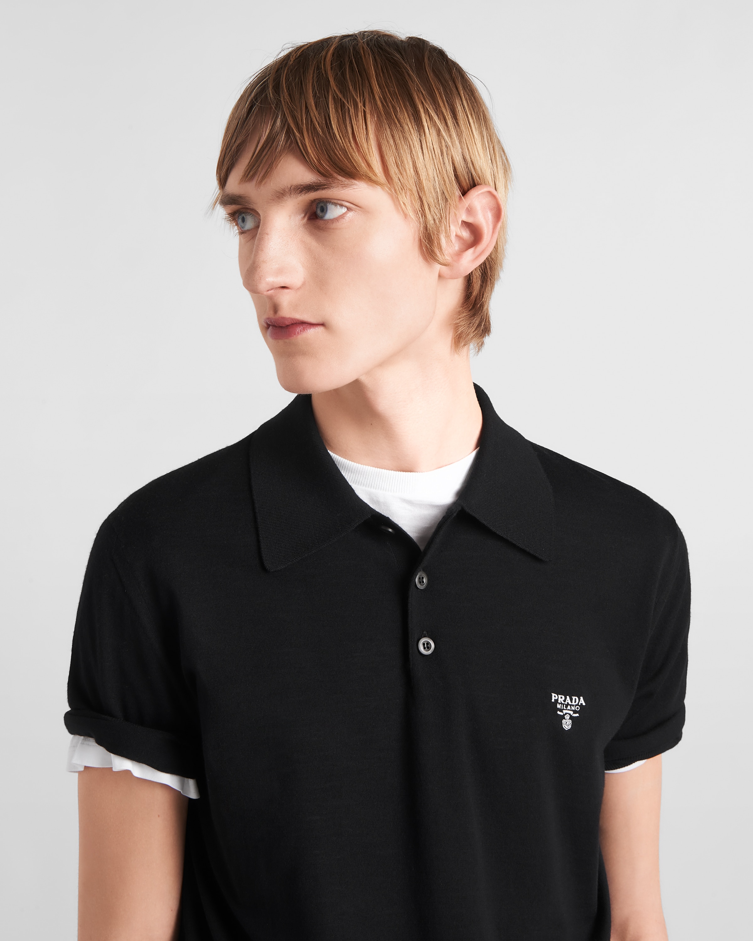 Shop Prada Superfine Wool Polo Shirt In Black