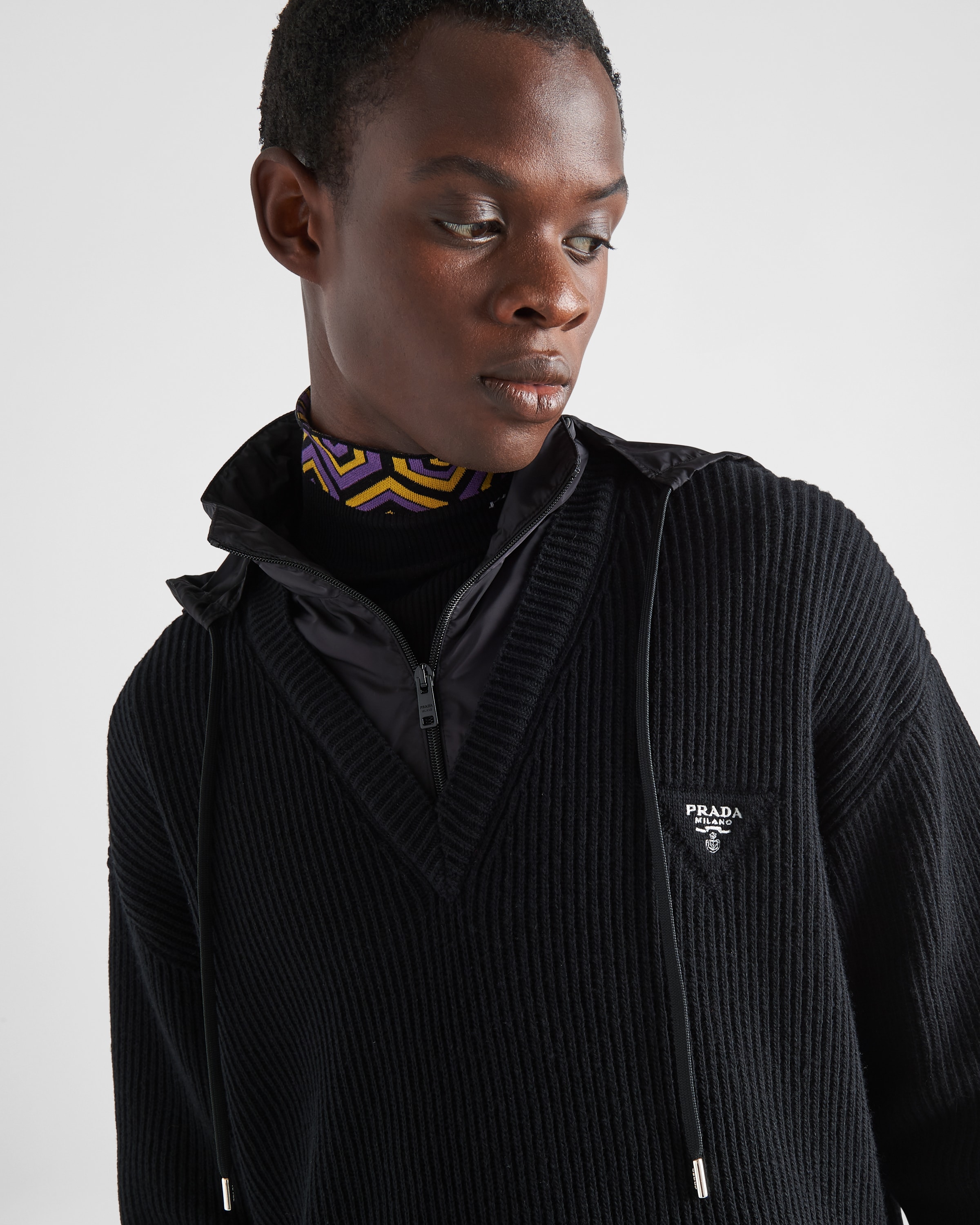 Black Cashmere And Re-nylon Hoodie Jacket | PRADA