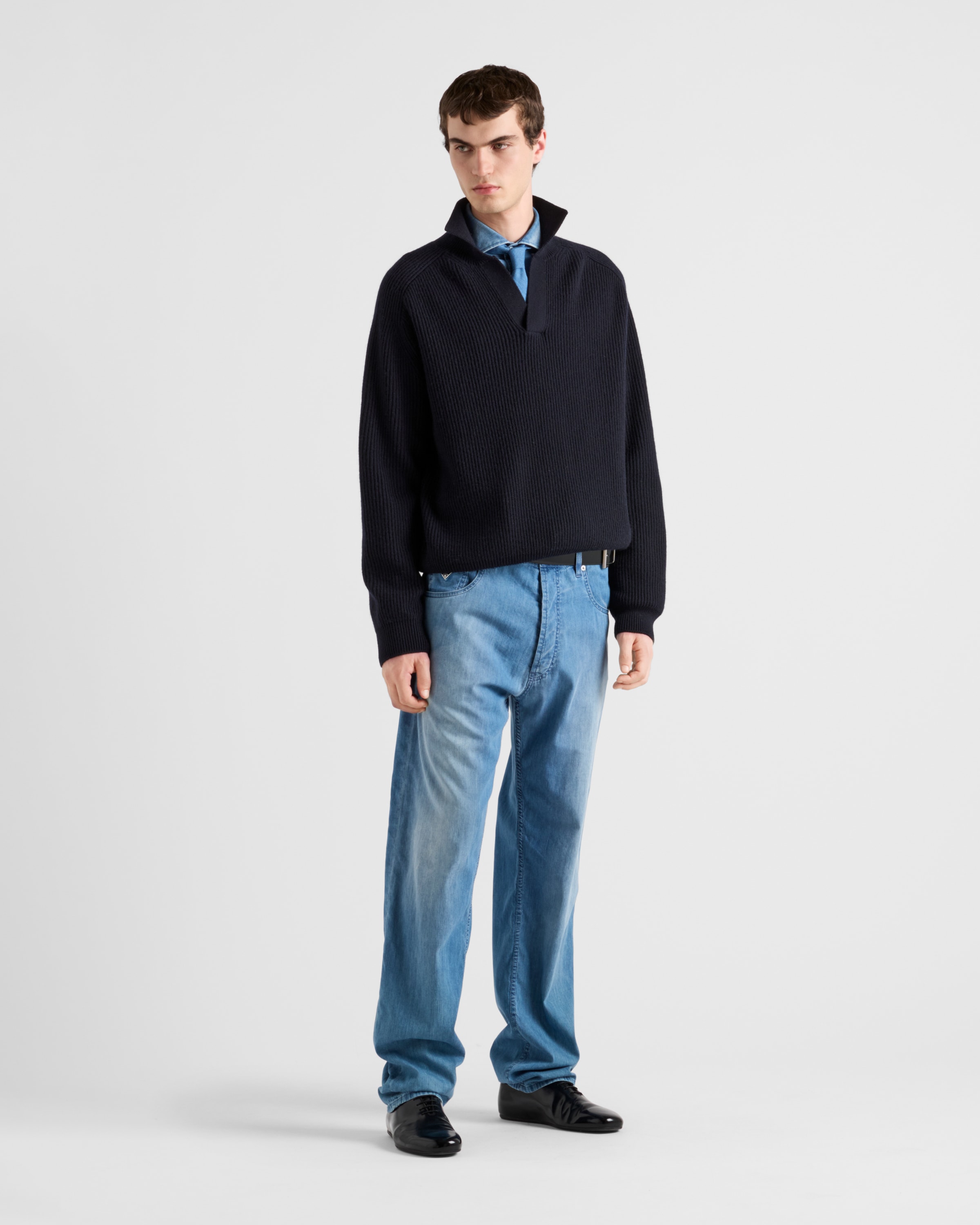Prada Long-sleeved Knitted Polo Shirt In Blue