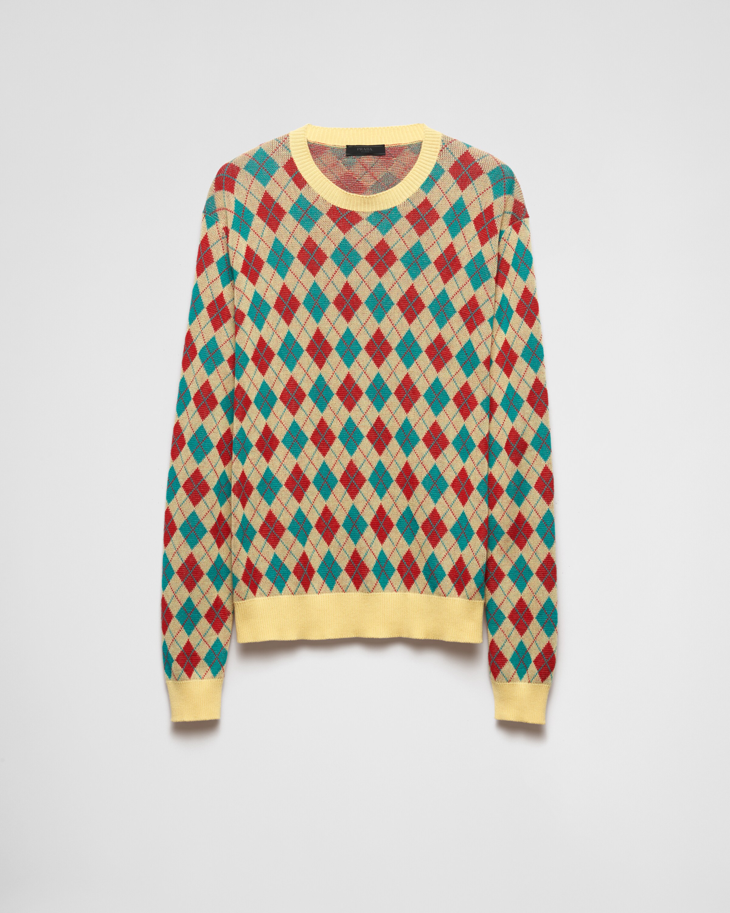 Maglia Girocollo In Cotone Con Motivo A Rombi Giallo Polline | PRADA