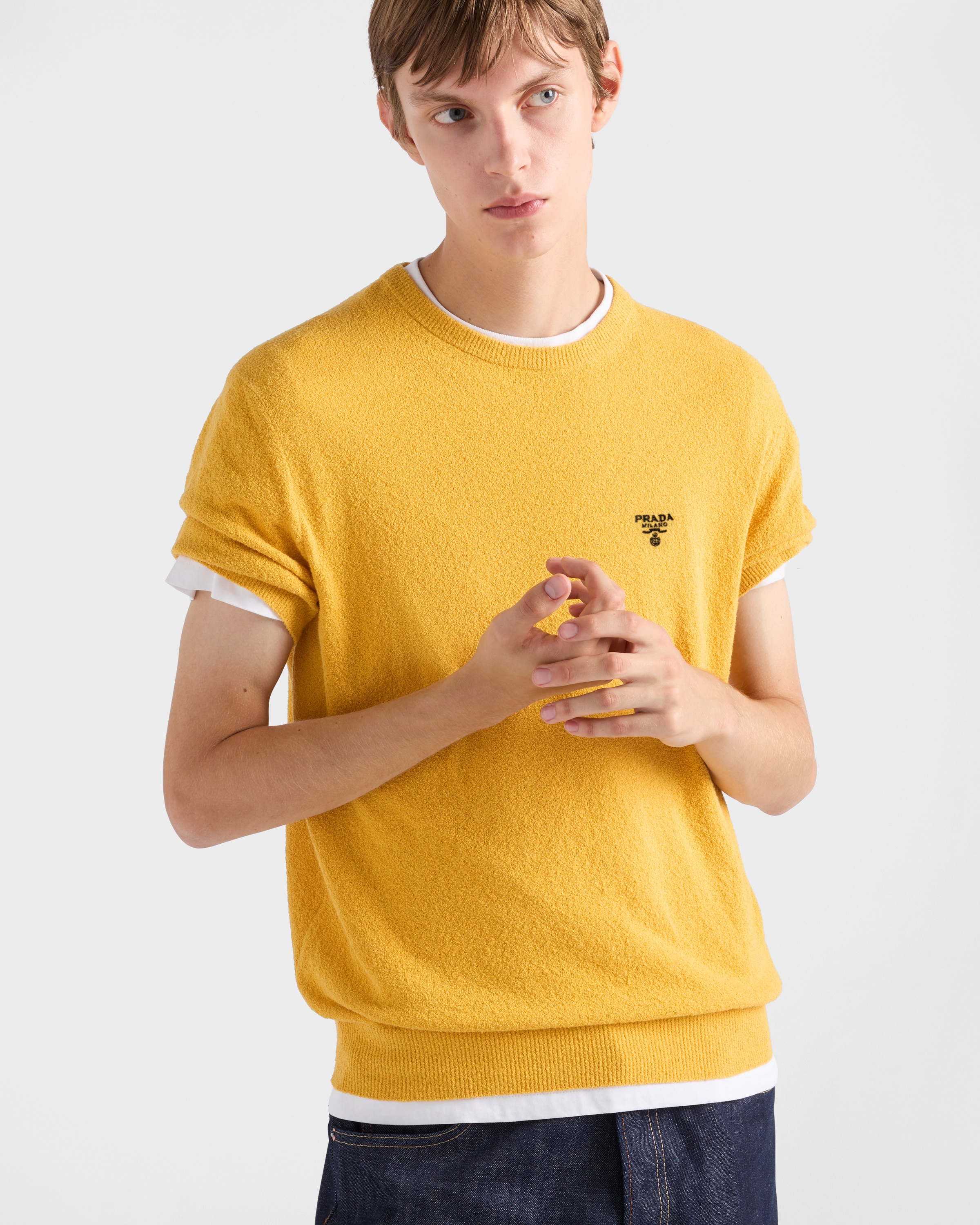 Prada Short-sleeved Cotton Sweater In Senfgelb