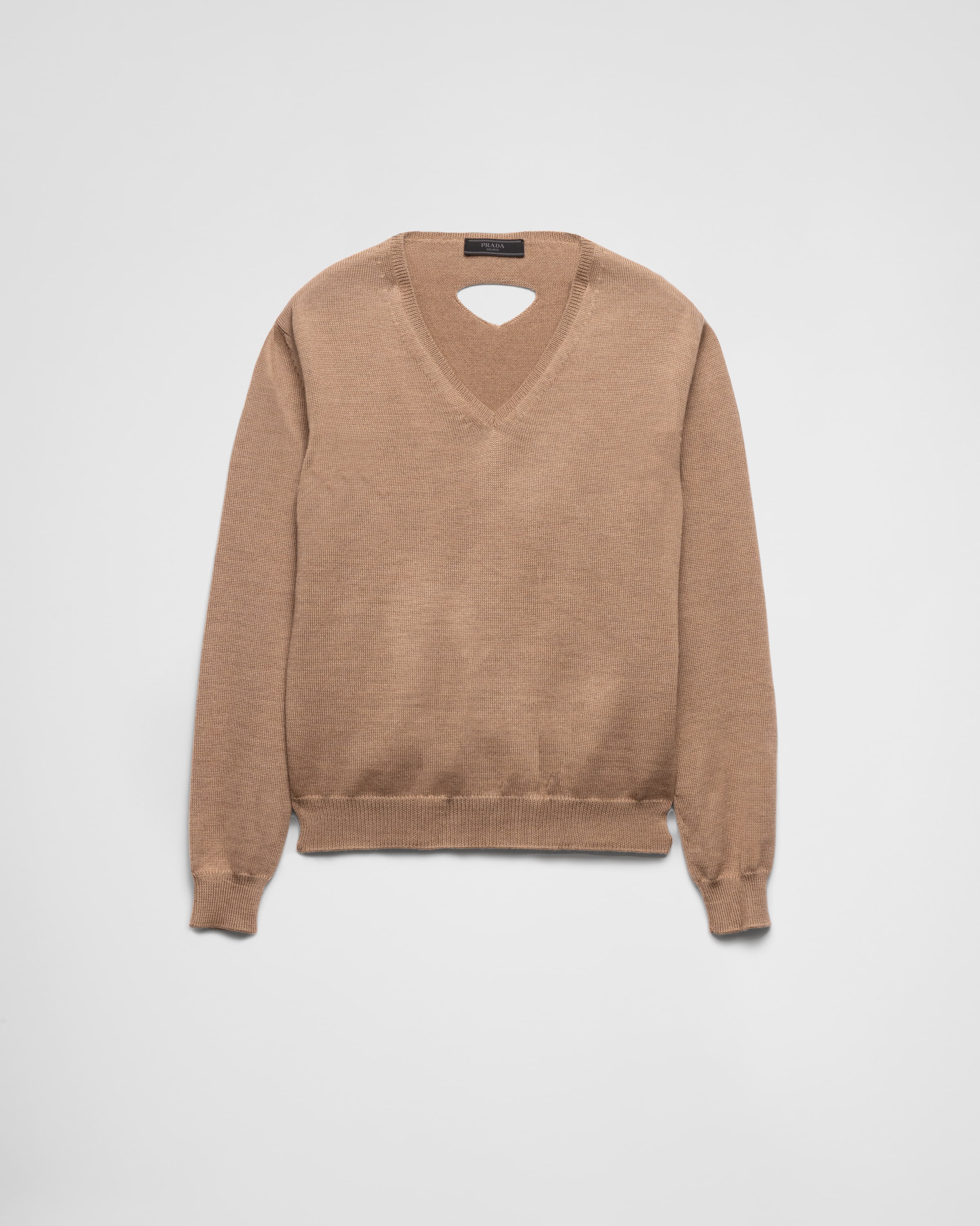 Camel Brown V-neck Wool Sweater | PRADA
