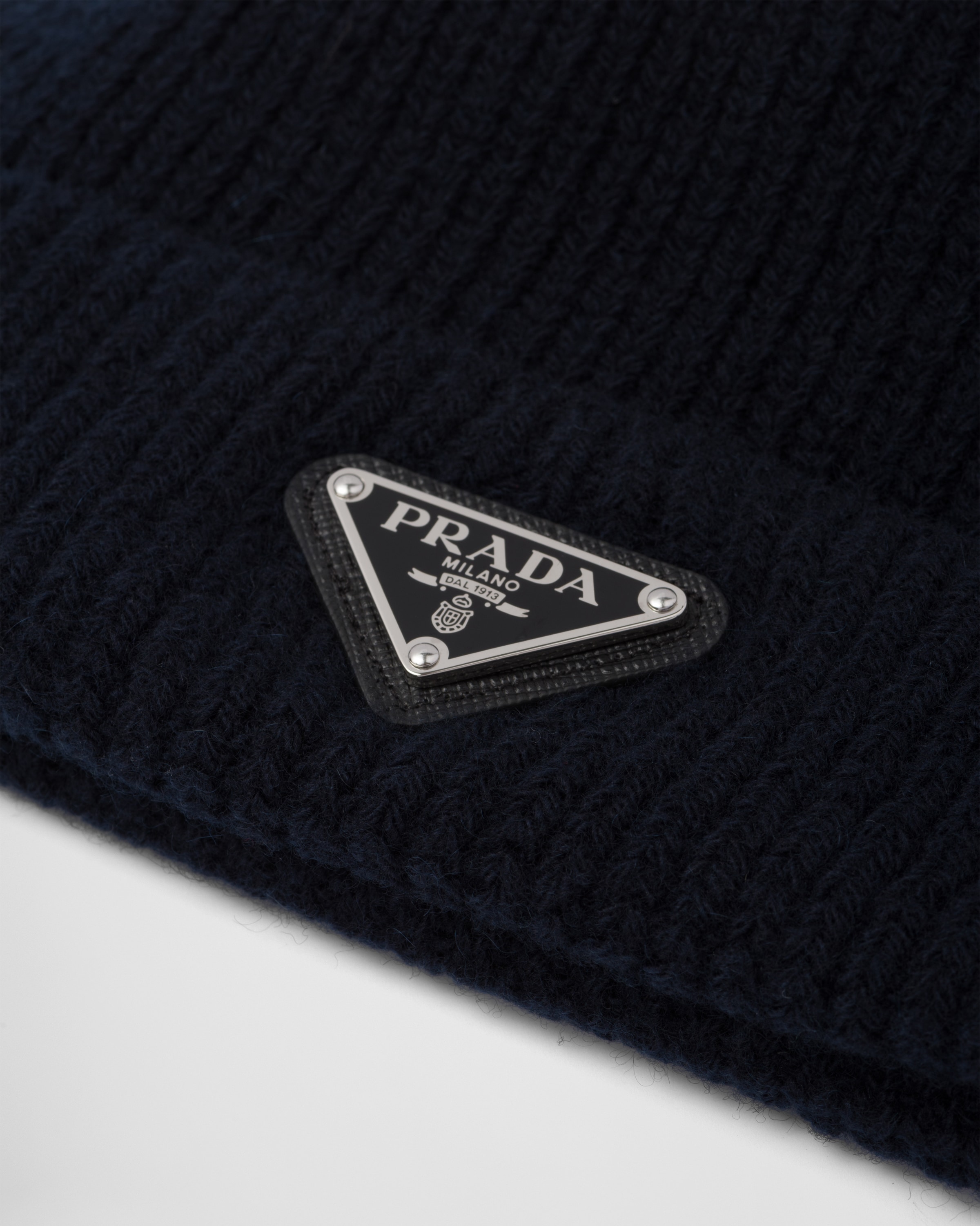 帽子 prada logo knit beanie blue Blue Wool and cashmere beanie | PRADA