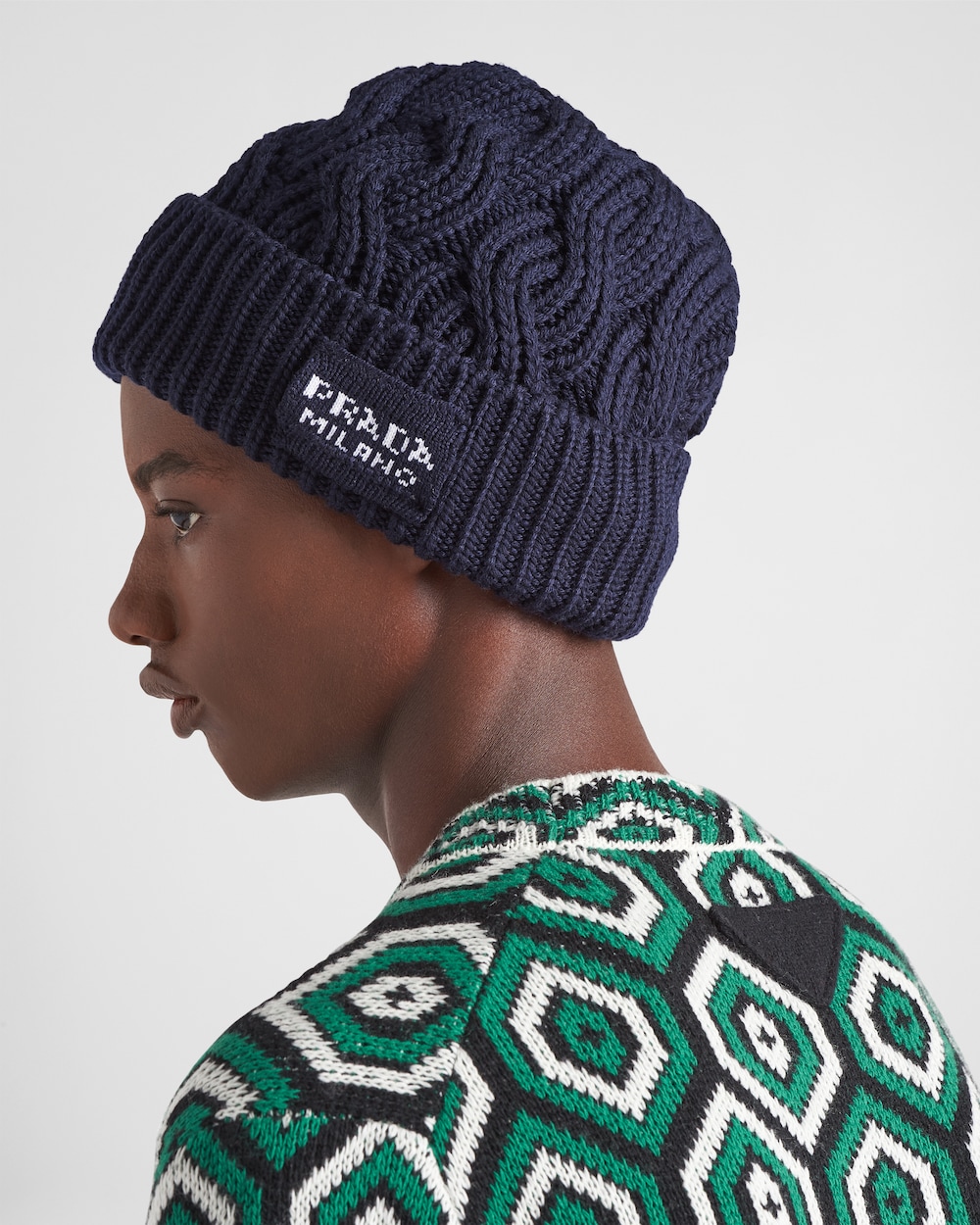 Prada Cable-Knit Wool Beanie, Men, Navy, Size XL