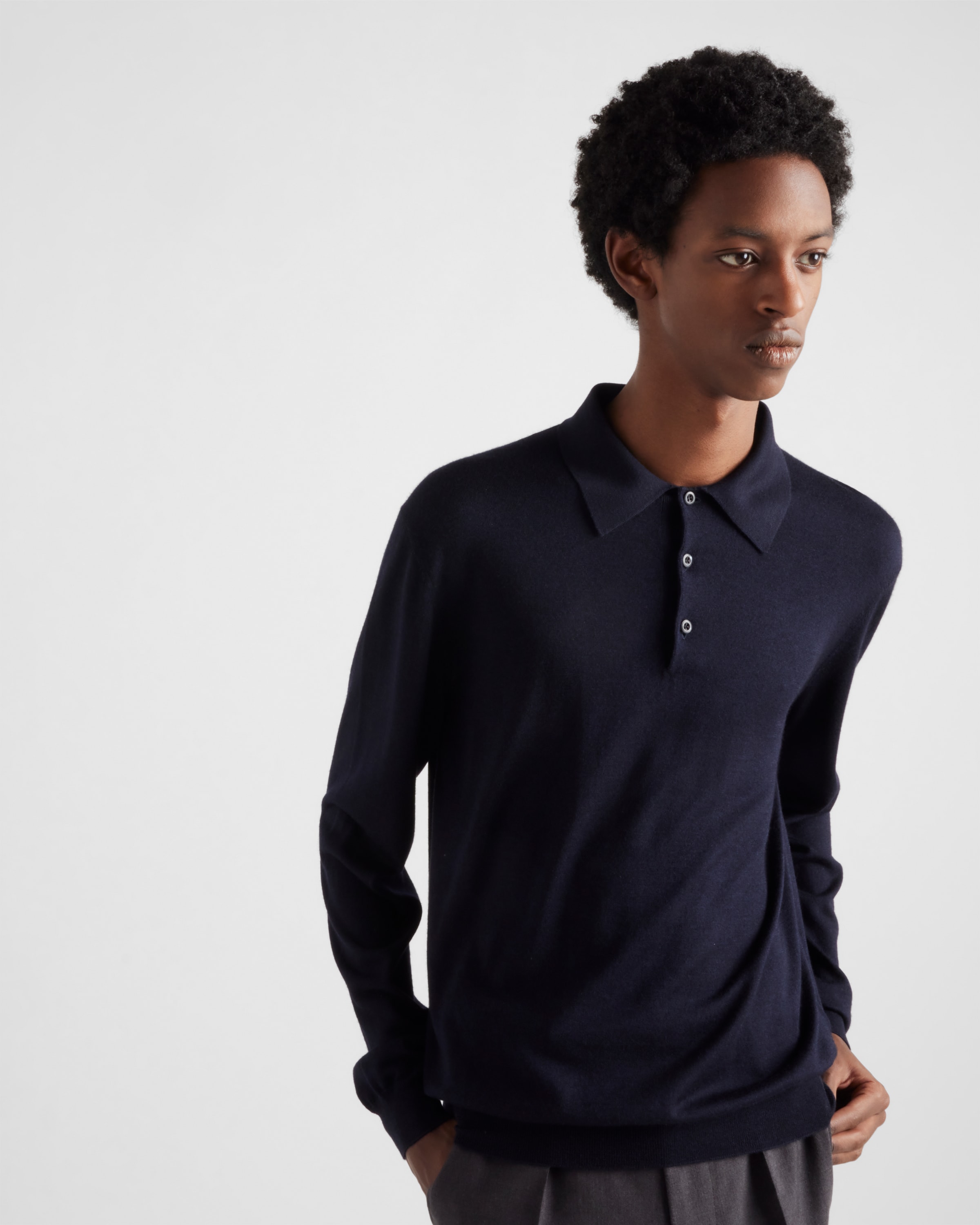Navy Cashmere And Silk Polo Shirt | PRADA - United States