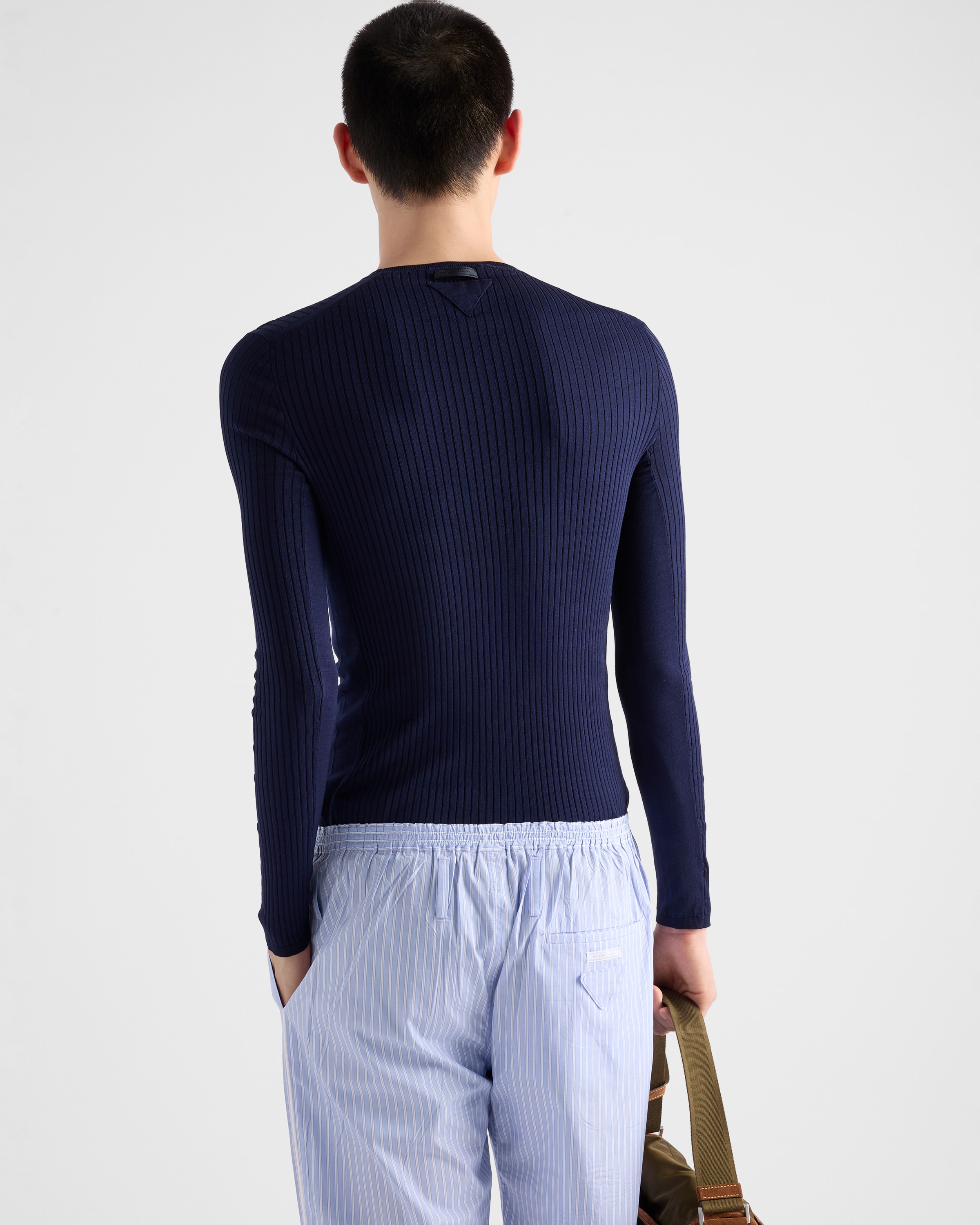 ネイビー リブ編み コットン クルーネック セーター | PRADA