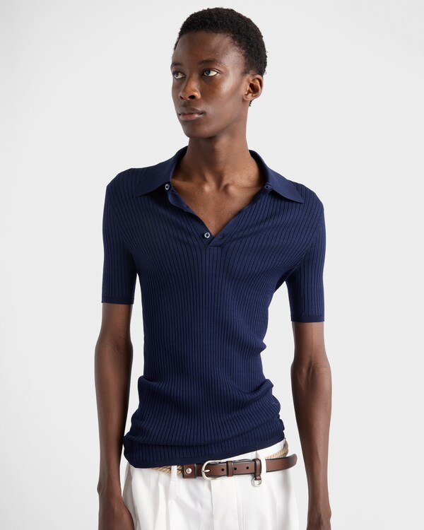 Polo en maille côtelée de coton - Bleu Polo en maille côtelée de coton - Bleu