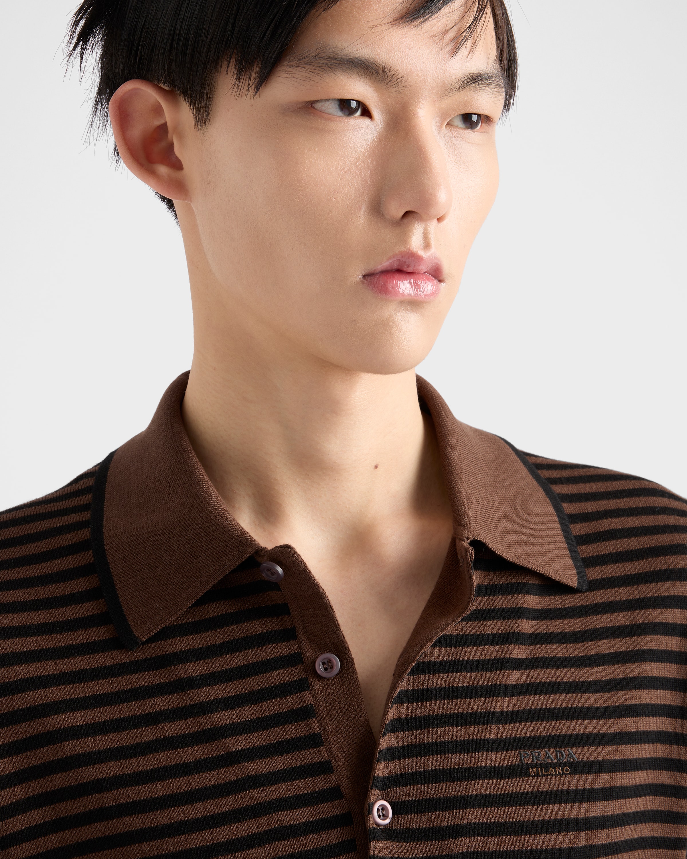 Prada Mens Brown Striped Cotton Polo Shirt