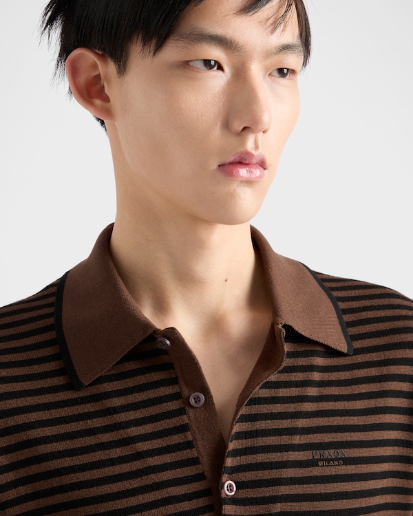 스트라이프 코튼 폴로 셔츠 - 코코아 브라운/블랙 스트라이프 코튼 폴로 셔츠 - 코코아 브라운/블랙