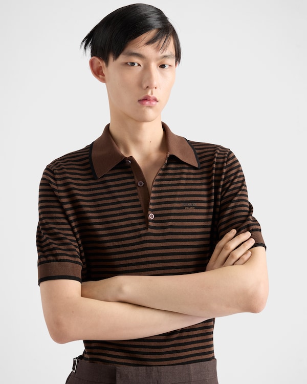 스트라이프 코튼 폴로 셔츠 - 코코아 브라운/블랙 스트라이프 코튼 폴로 셔츠 - 코코아 브라운/블랙