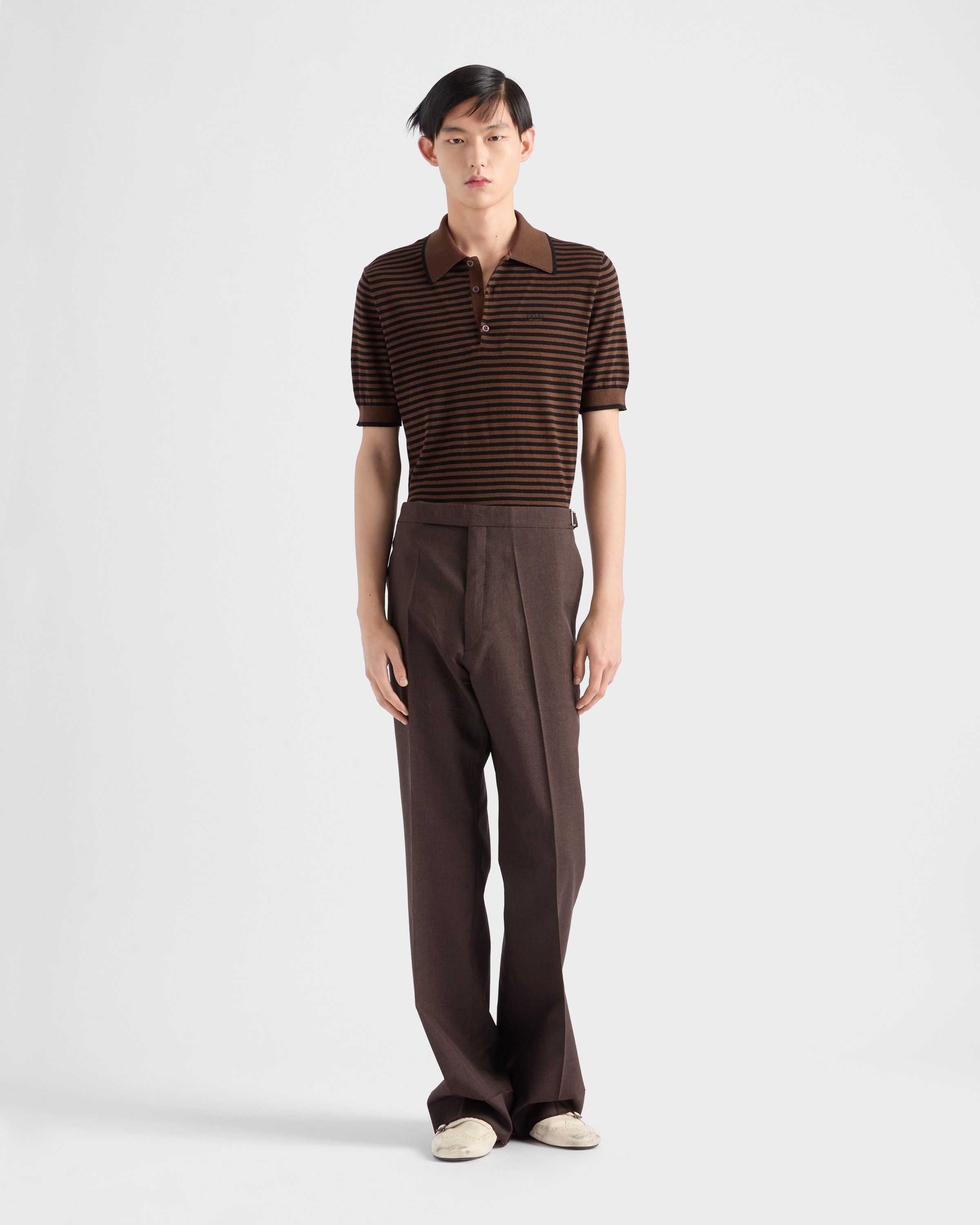 Prada Mens Brown Striped Cotton Polo Shirt