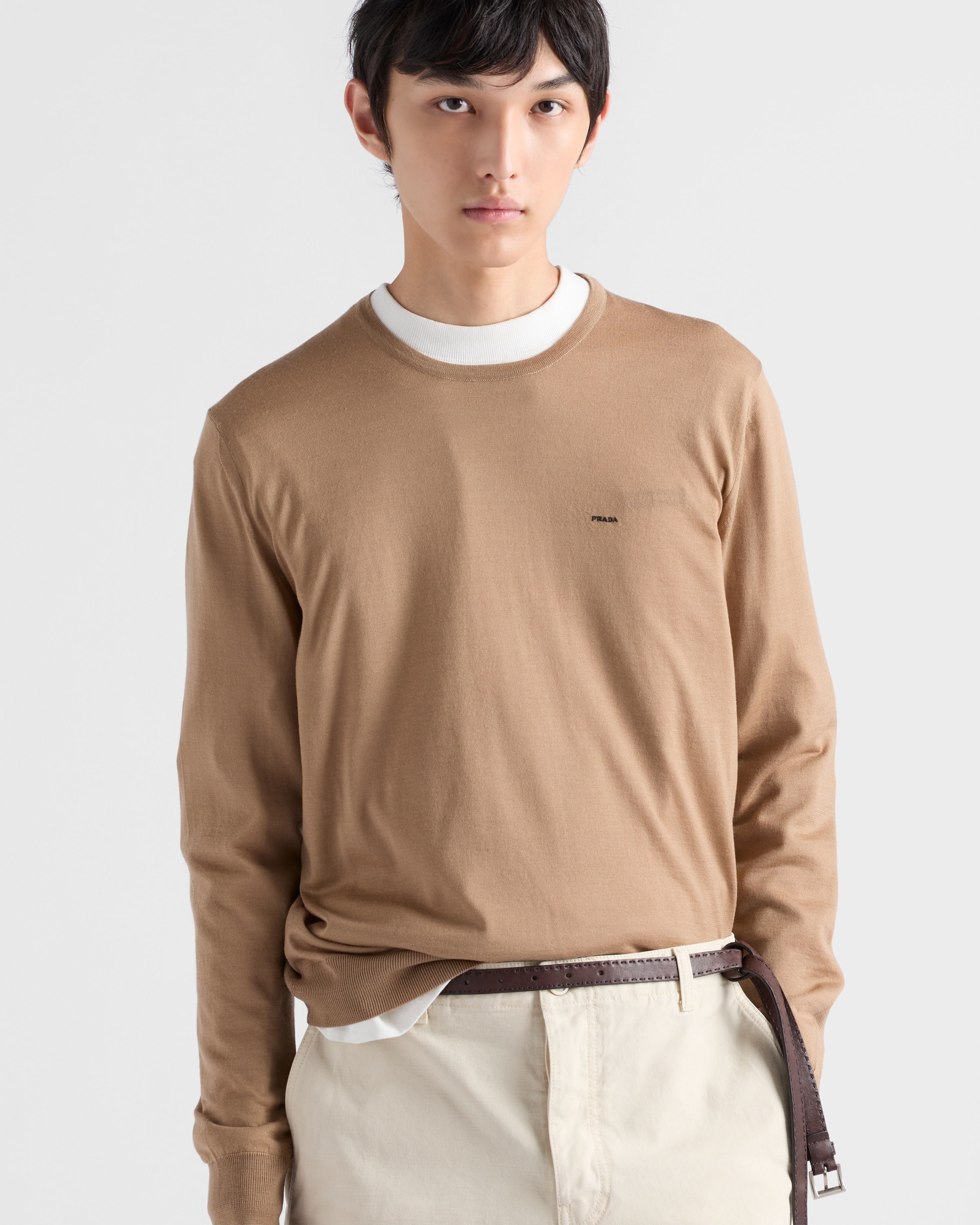 Camel Brown Superfine Wool Crew-neck Sweater | PRADA