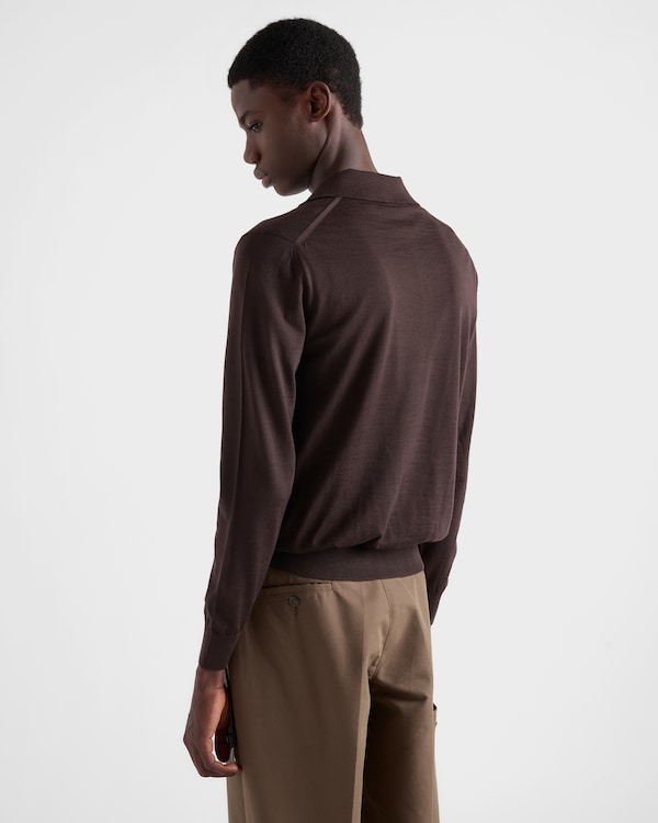 Long-sleeved superfine wool polo sweater - Dark Brown Long-sleeved superfine wool polo sweater - Dark Brown