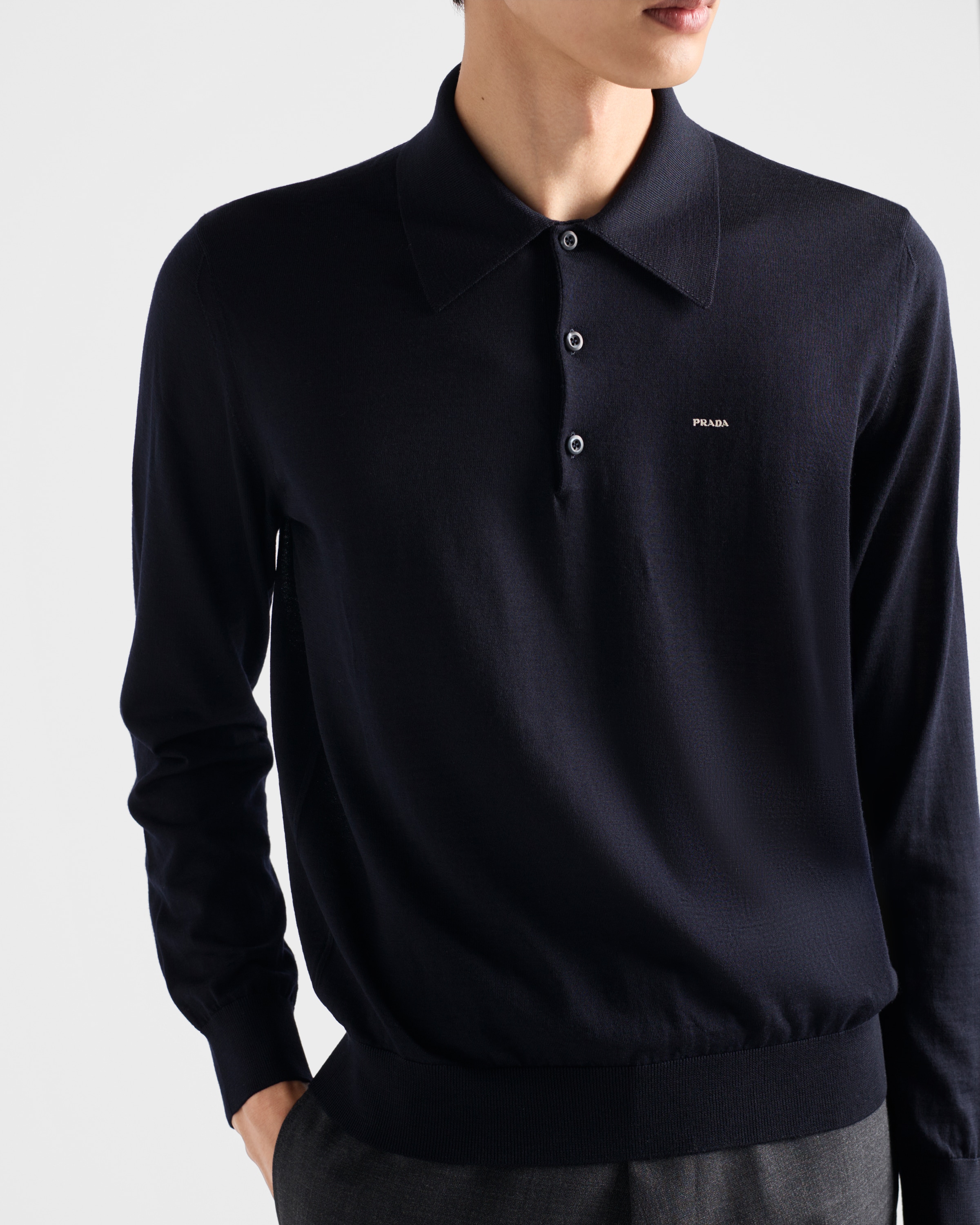 Long-sleeved superfine wool polo sweater