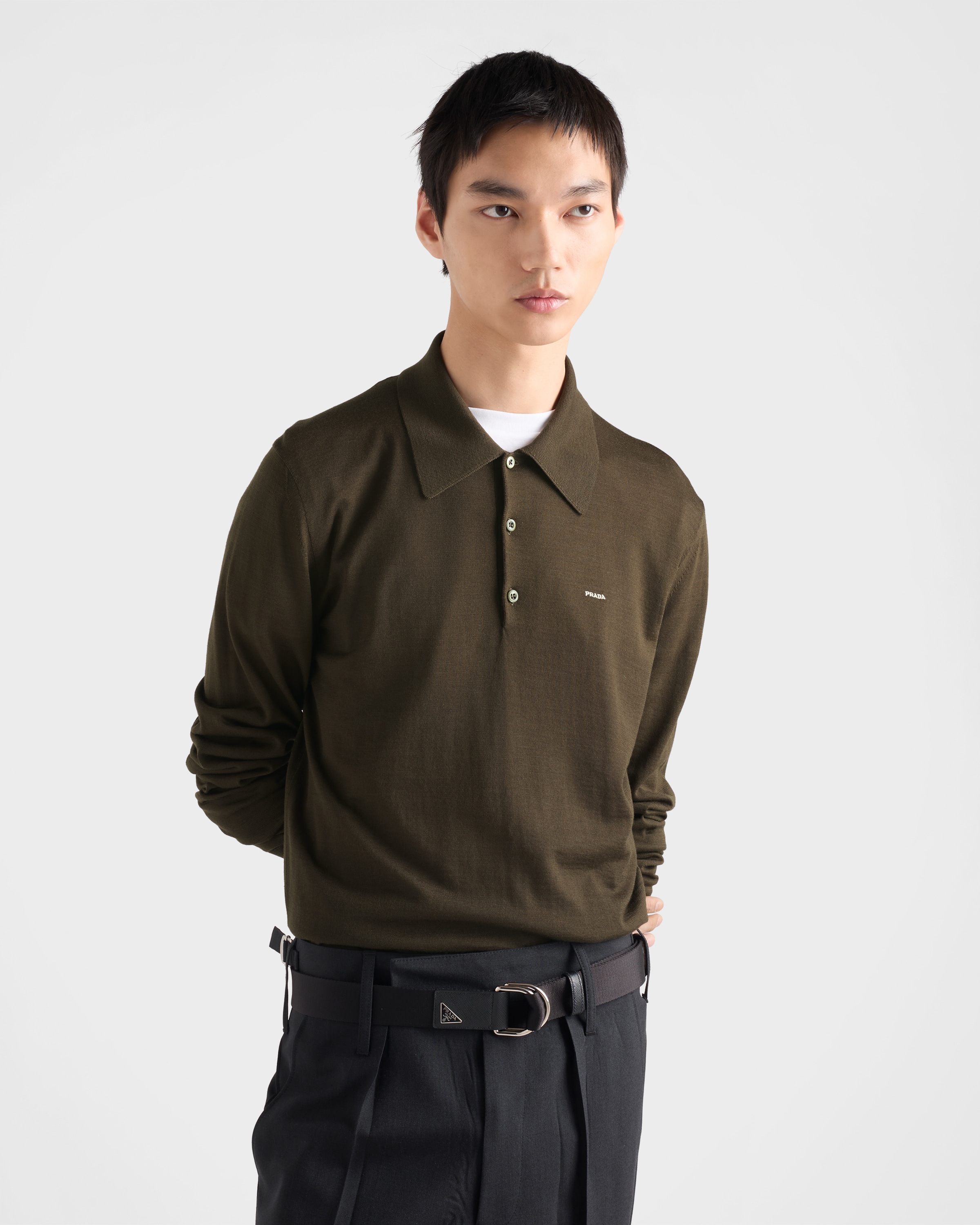 Military Green Long-sleeved Superfine Wool Polo Sweater | PRADA