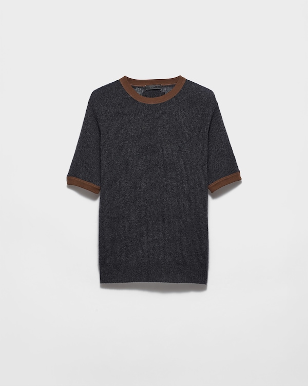 Short-sleeved cashmere and jersey sweater - Anthracite Gray/Tobacco Short-sleeved cashmere and jersey sweater - Anthracite Gray/Tobacco