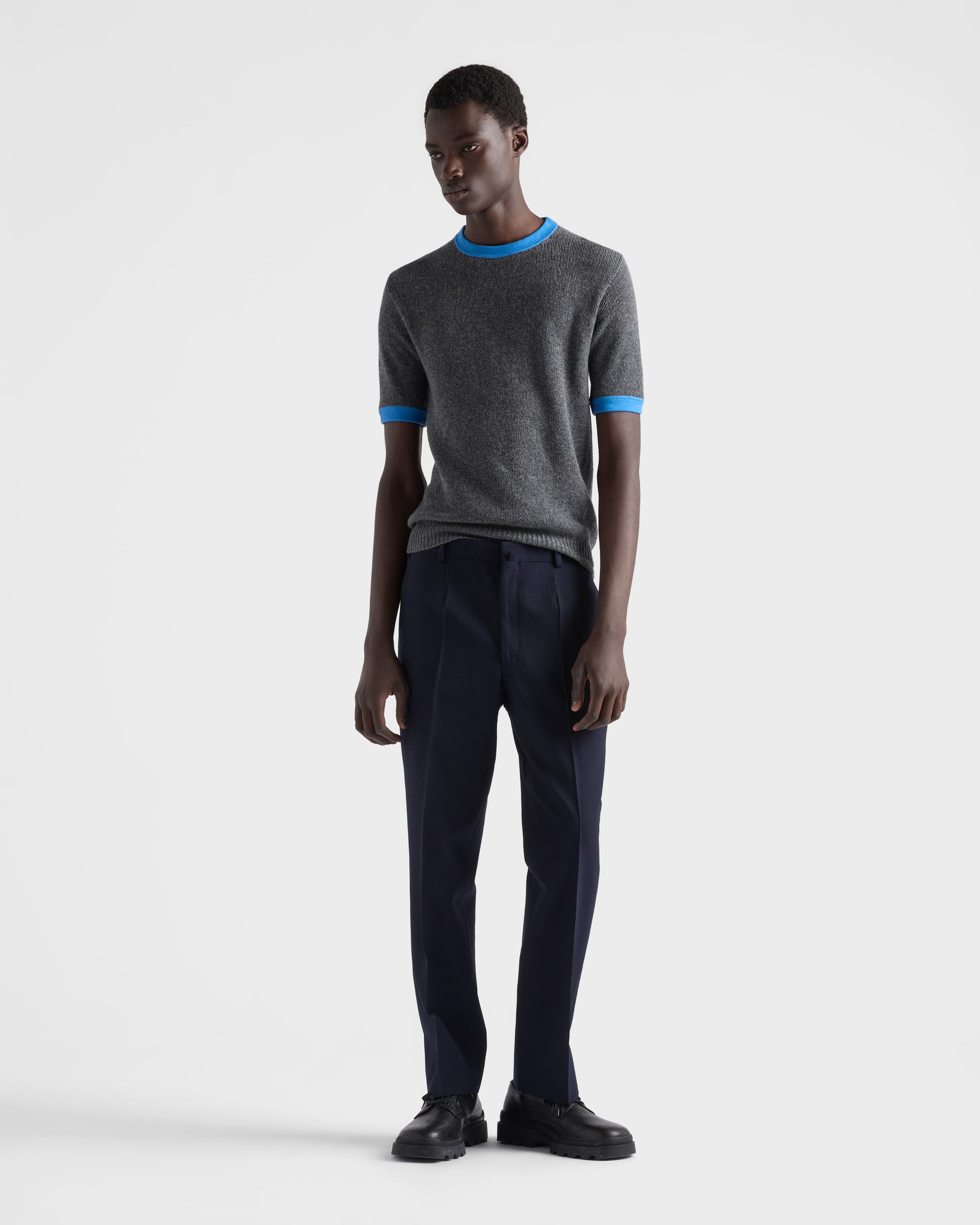 グレー/ライトブルー 半袖カシミヤXジャージー セーター | PRADA