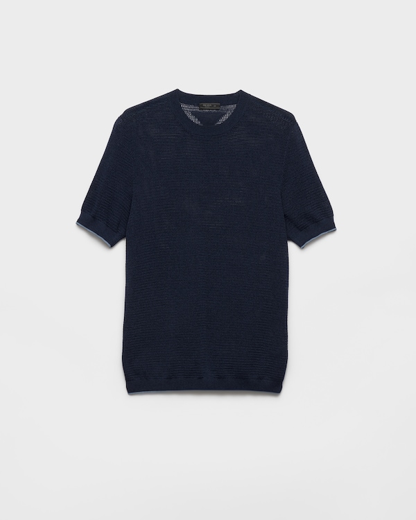 كنزة بياقة دائرية من القطن والحرير - أزرق كنزة بياقة دائرية من القطن والحرير - أزرق