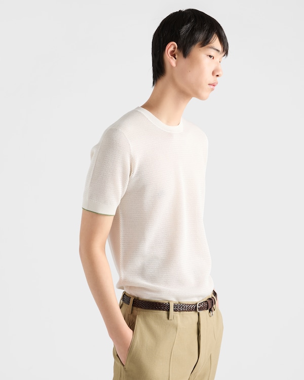 كنزة بياقة دائرية من القطن والحرير - أبيض كنزة بياقة دائرية من القطن والحرير - أبيض