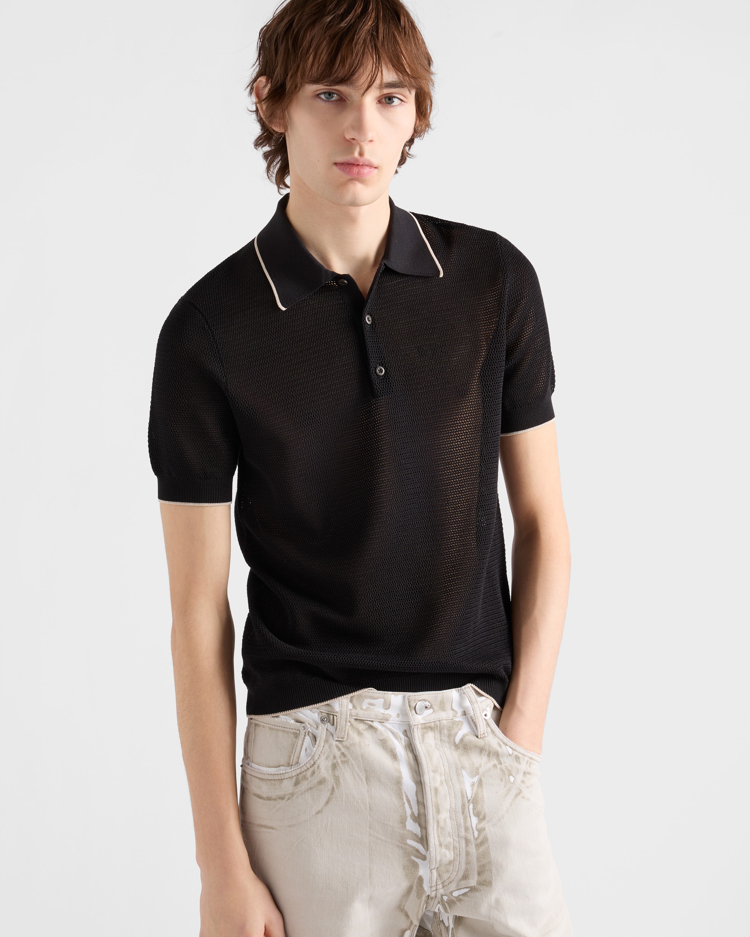 Black Silk And Cotton Polo Shirt | PRADA - Canada