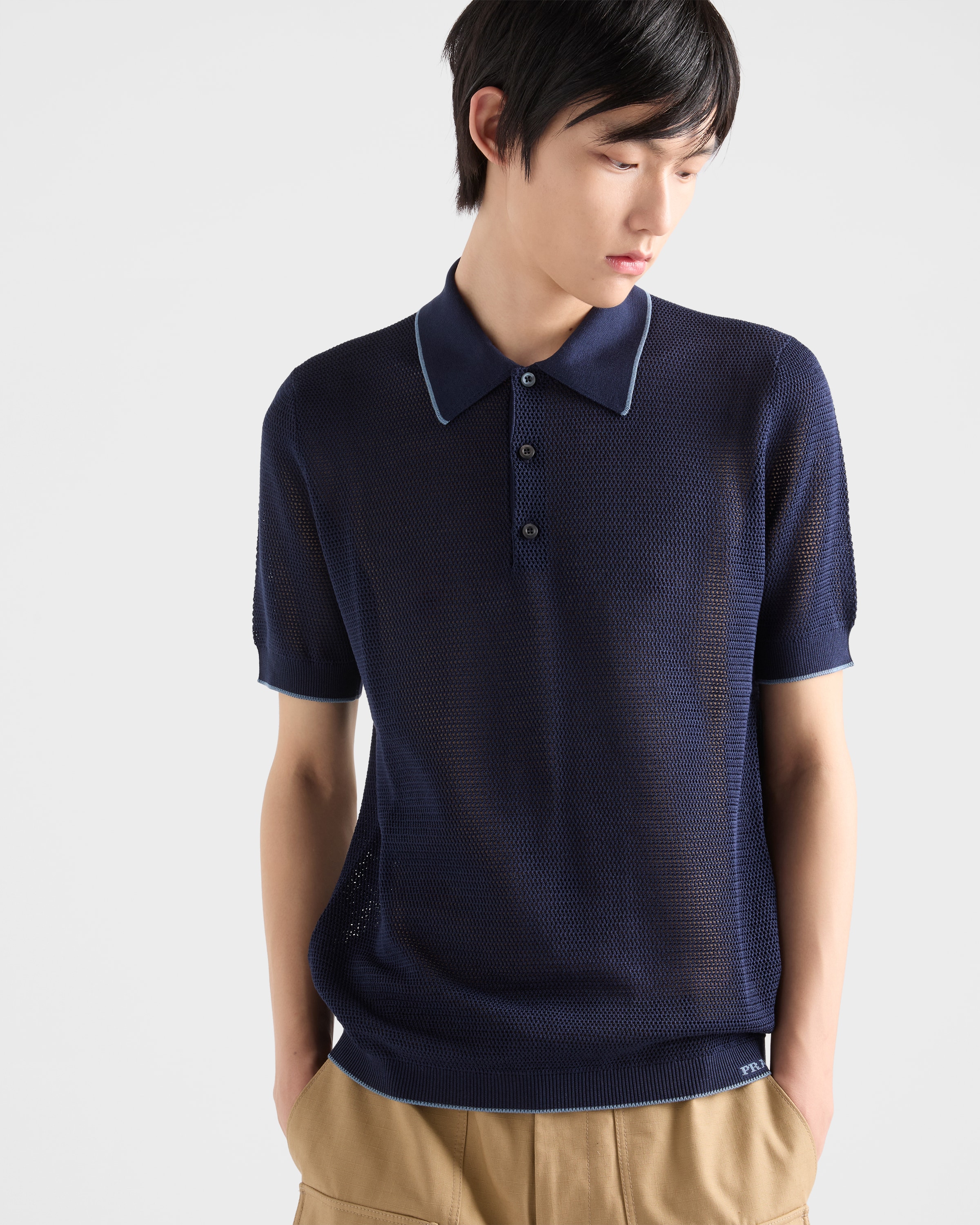 Navy Silk And Cotton Polo Shirt | PRADA - United States