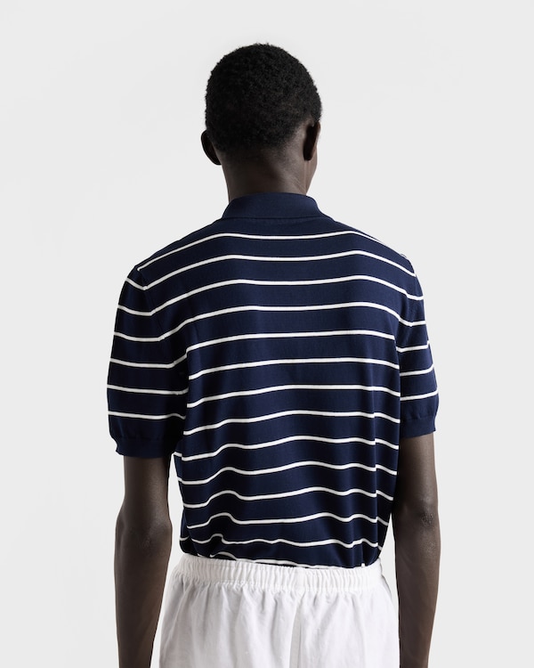 قميص بولو قطن مخطط بأكمام قصيرة - أزرق / أبيض قميص بولو قطن مخطط بأكمام قصيرة - أزرق / أبيض