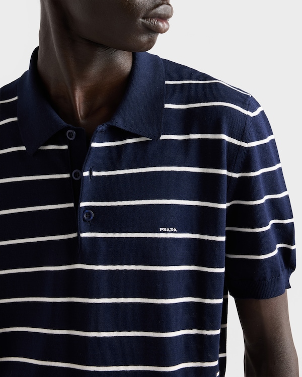 قميص بولو قطن مخطط بأكمام قصيرة - أزرق / أبيض قميص بولو قطن مخطط بأكمام قصيرة - أزرق / أبيض