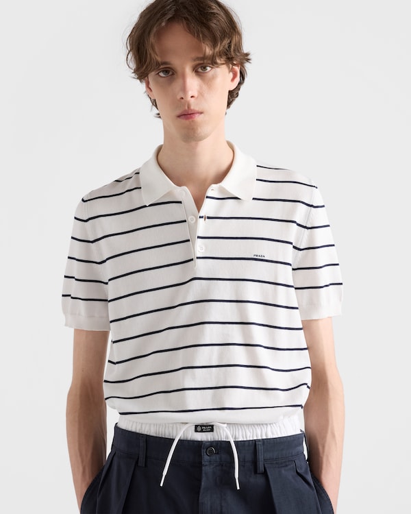 Short-sleeved striped cotton polo shirt - White/Blue Short-sleeved striped cotton polo shirt - White/Blue