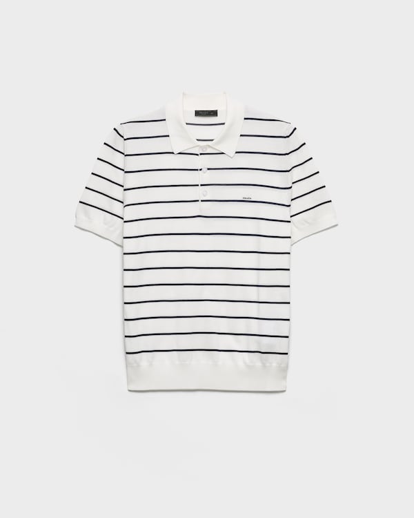 Short-sleeved striped cotton polo shirt - White/Blue Short-sleeved striped cotton polo shirt - White/Blue