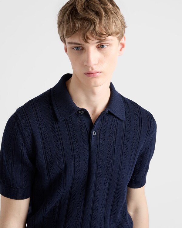Short-sleeved openwork cotton polo shirt - Navy Short-sleeved openwork cotton polo shirt - Navy