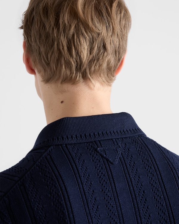 Short-sleeved openwork cotton polo shirt - Navy Short-sleeved openwork cotton polo shirt - Navy