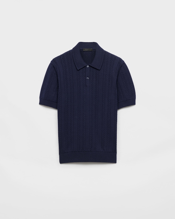 Short-sleeved openwork cotton polo shirt - Navy Short-sleeved openwork cotton polo shirt - Navy