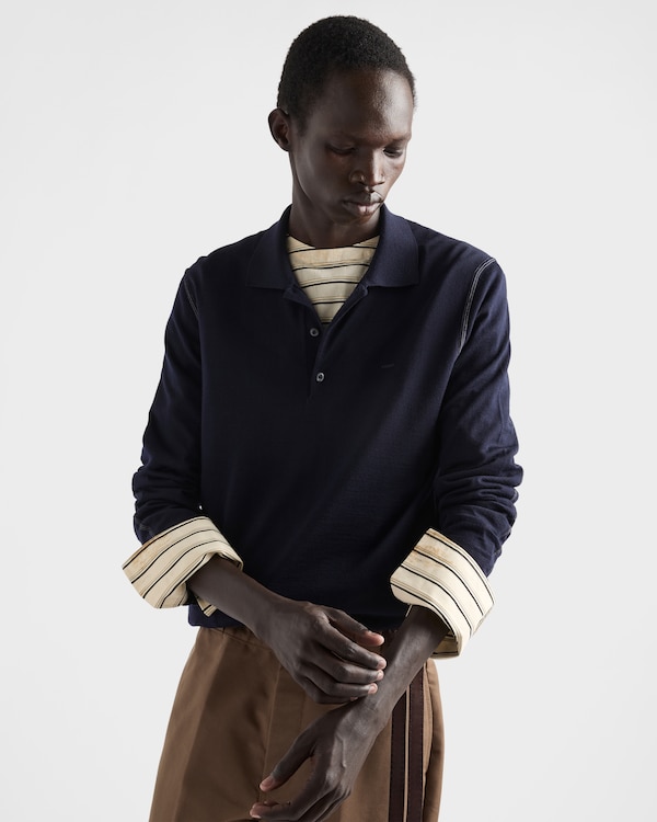 Pull polo à manches longues en laine - Bleu Pull polo à manches longues en laine - Bleu