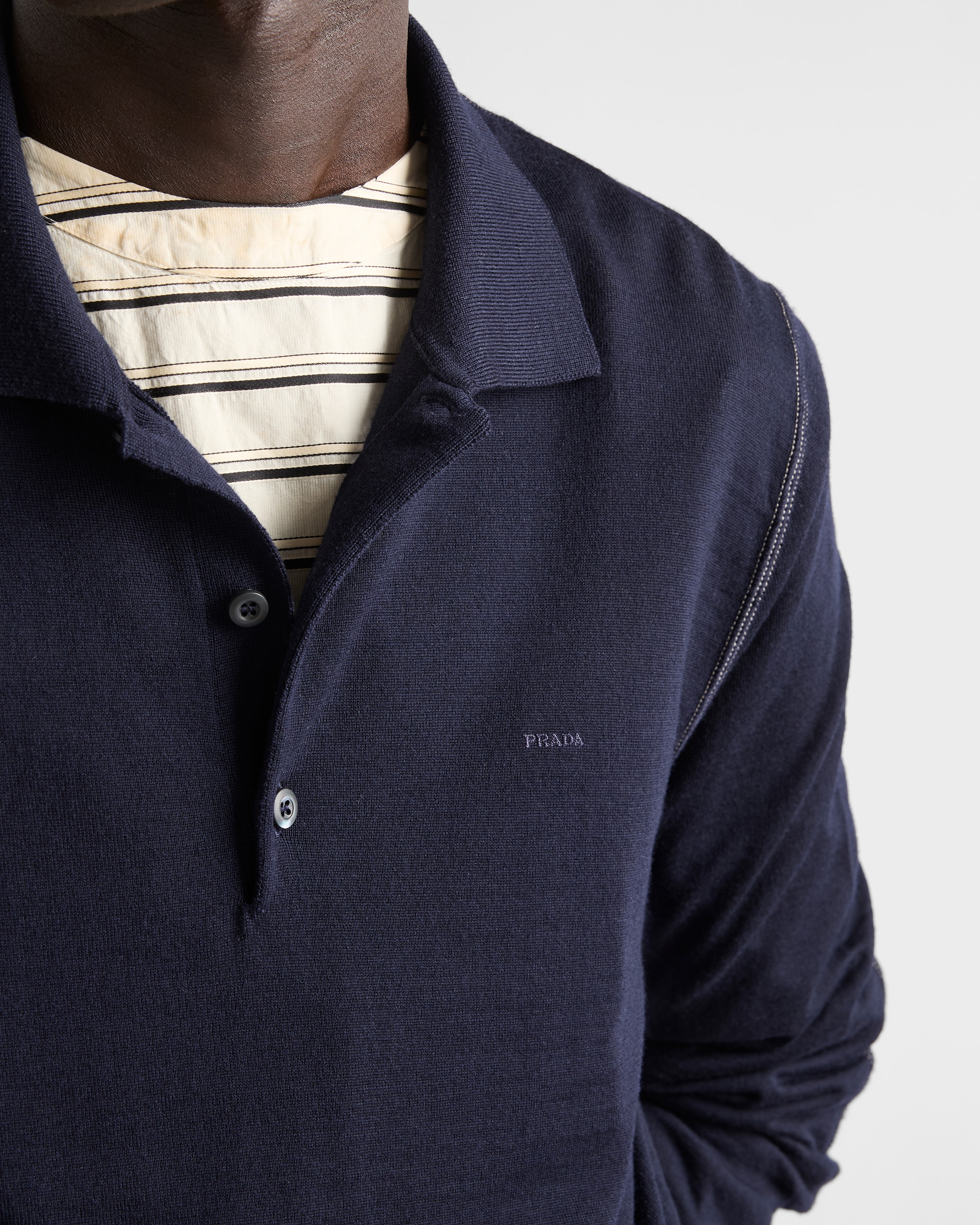 Navy Long-sleeved Wool Polo Sweater | PRADA - Turkey