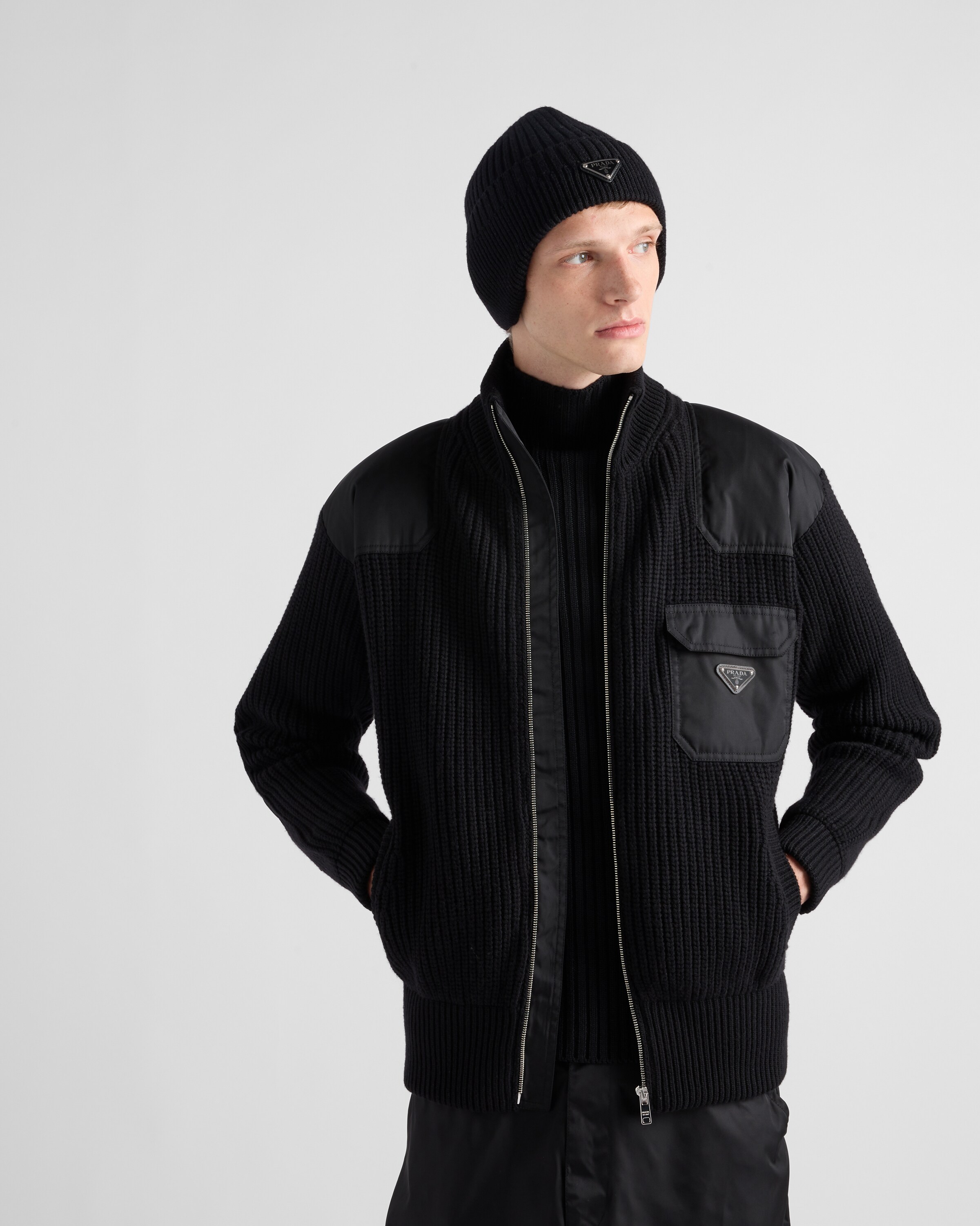 Prada Enamel-triangle Zip-up Jacket In Black