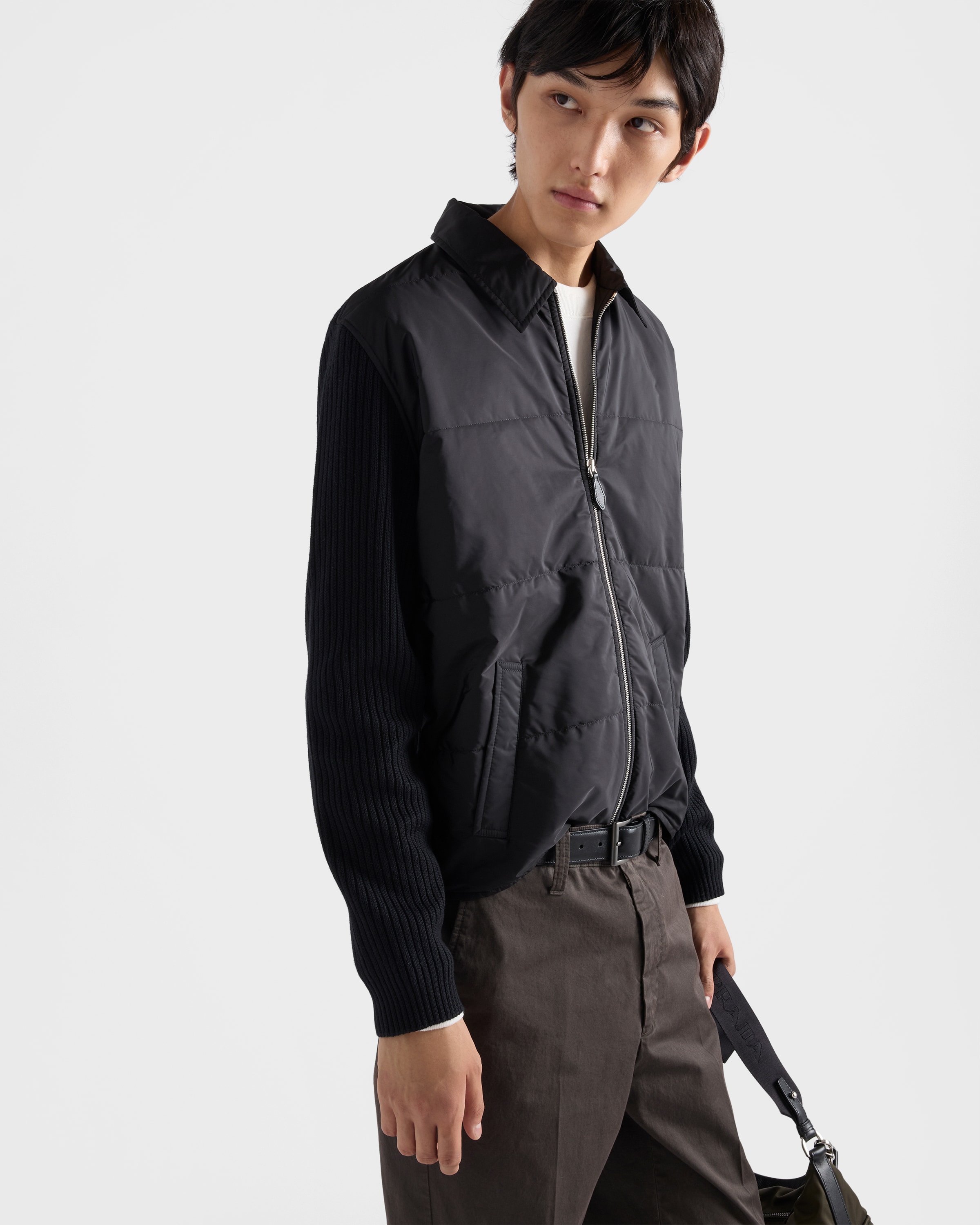 Black Wool And Re-nylon Gabardine Cardigan | PRADA - United States