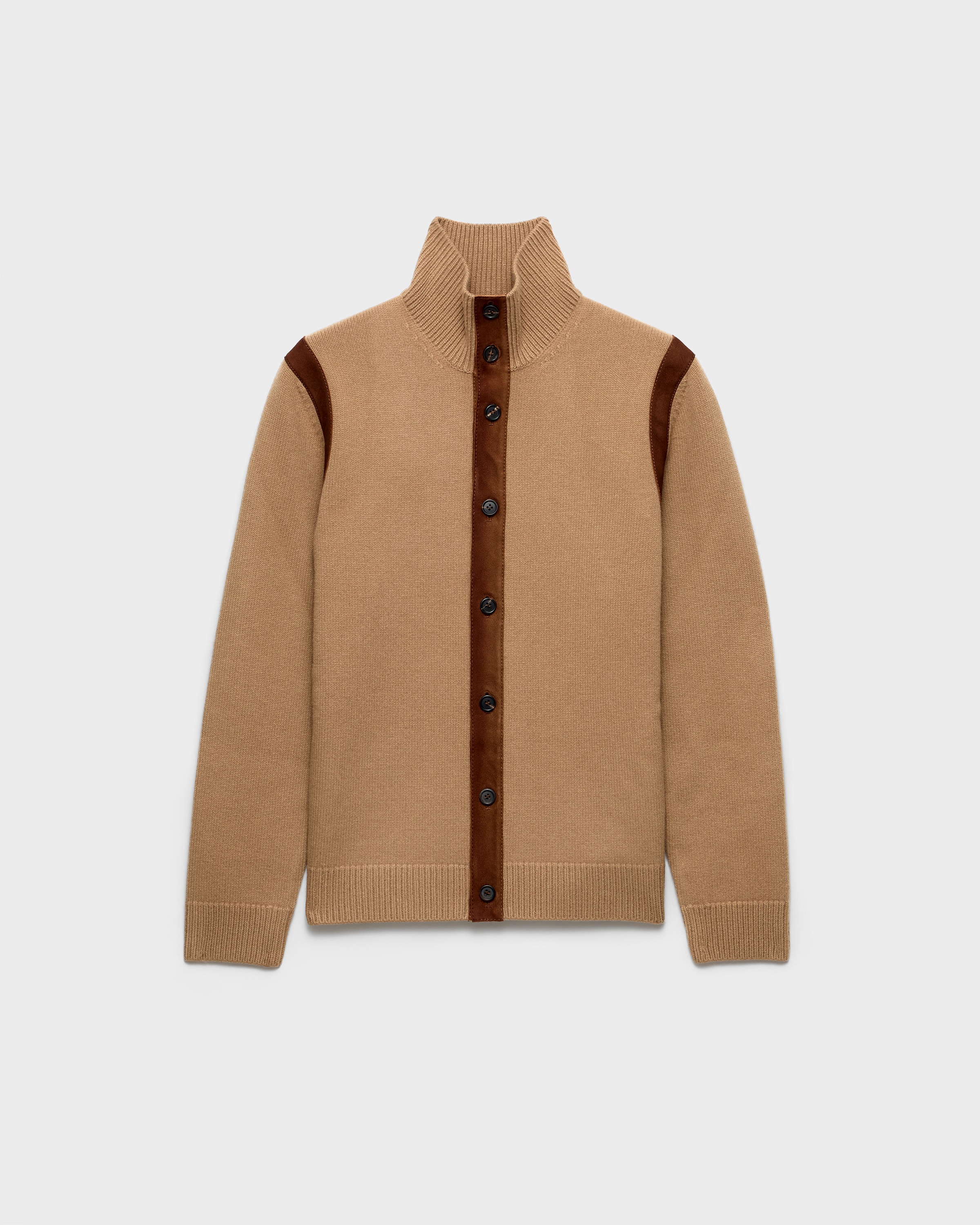 Camel Brown Wool Cardigan With Leather Appliqués | PRADA