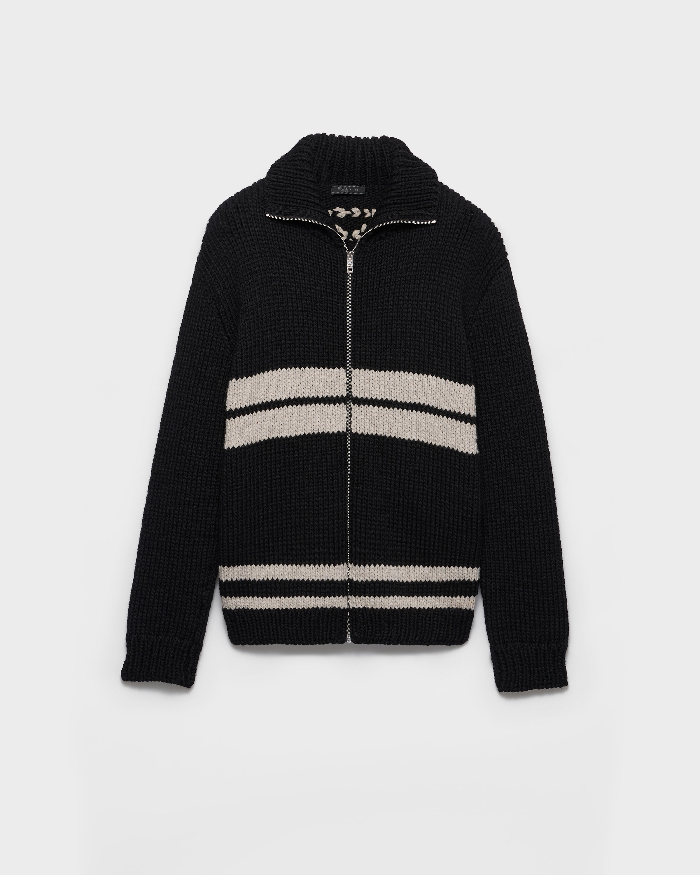 Black/ivory Wool And Cashmere Zipper Cardigan | PRADA - South Korea