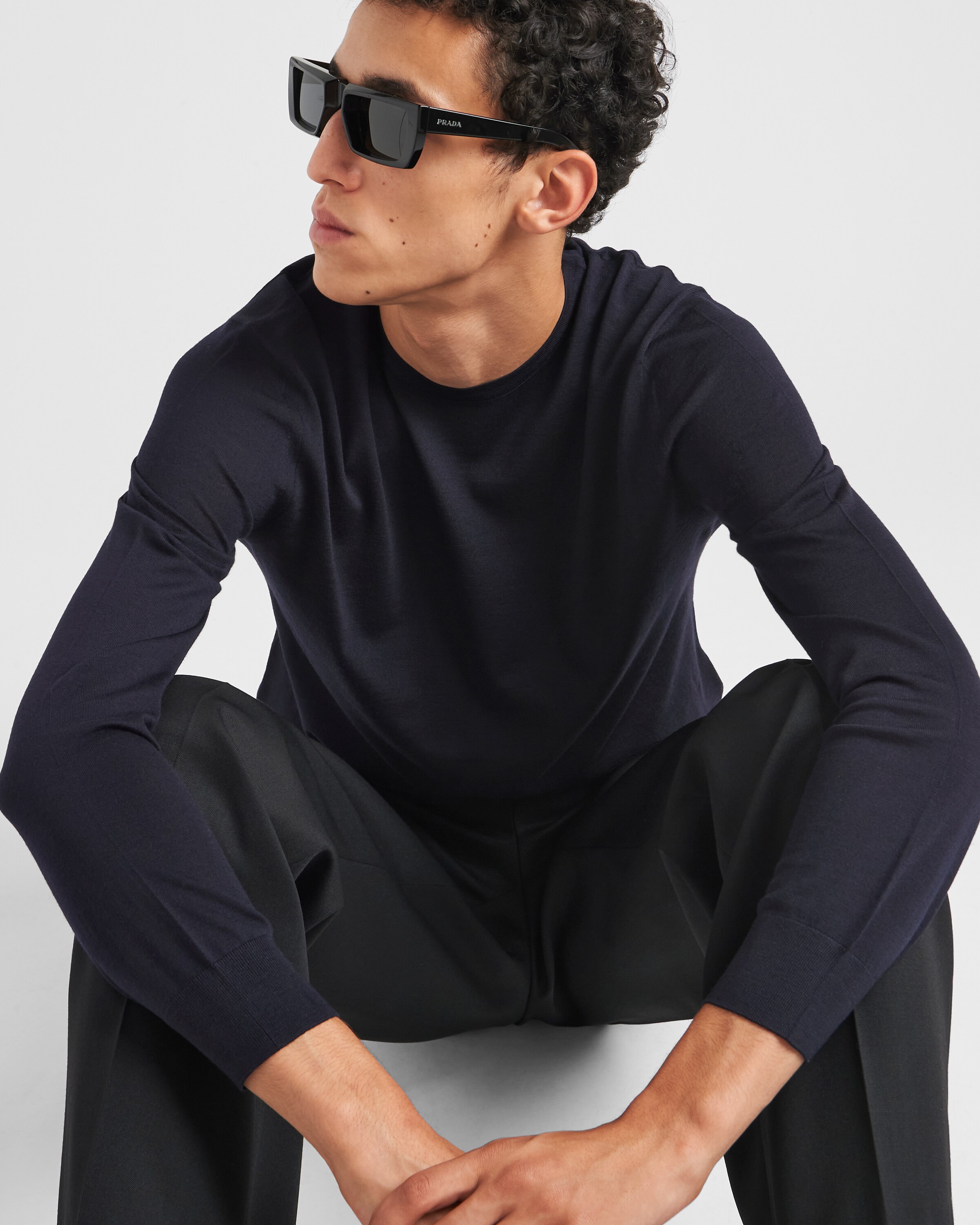 Prada Superfine Wool Crew-neck Sweater In Blue