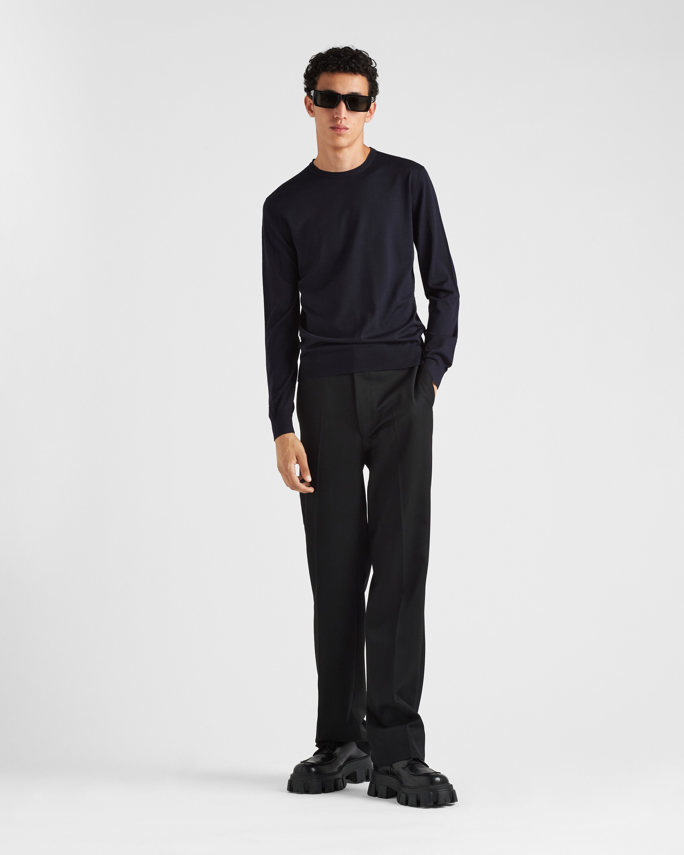 Prada Superfine Wool Crew-neck Sweater In Blue