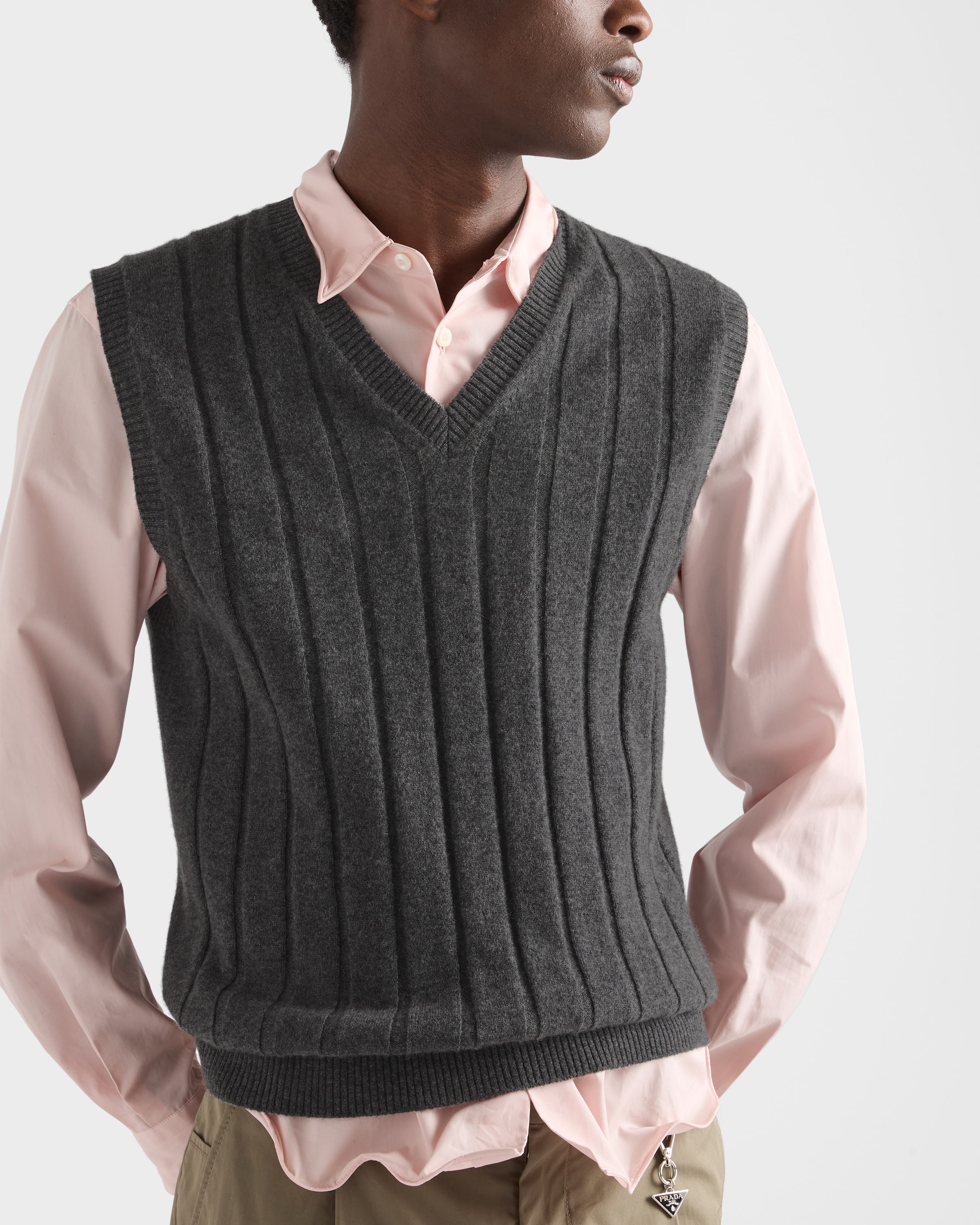 Slate Gray Cashmere V-neck vest | PRADA - Turkey
