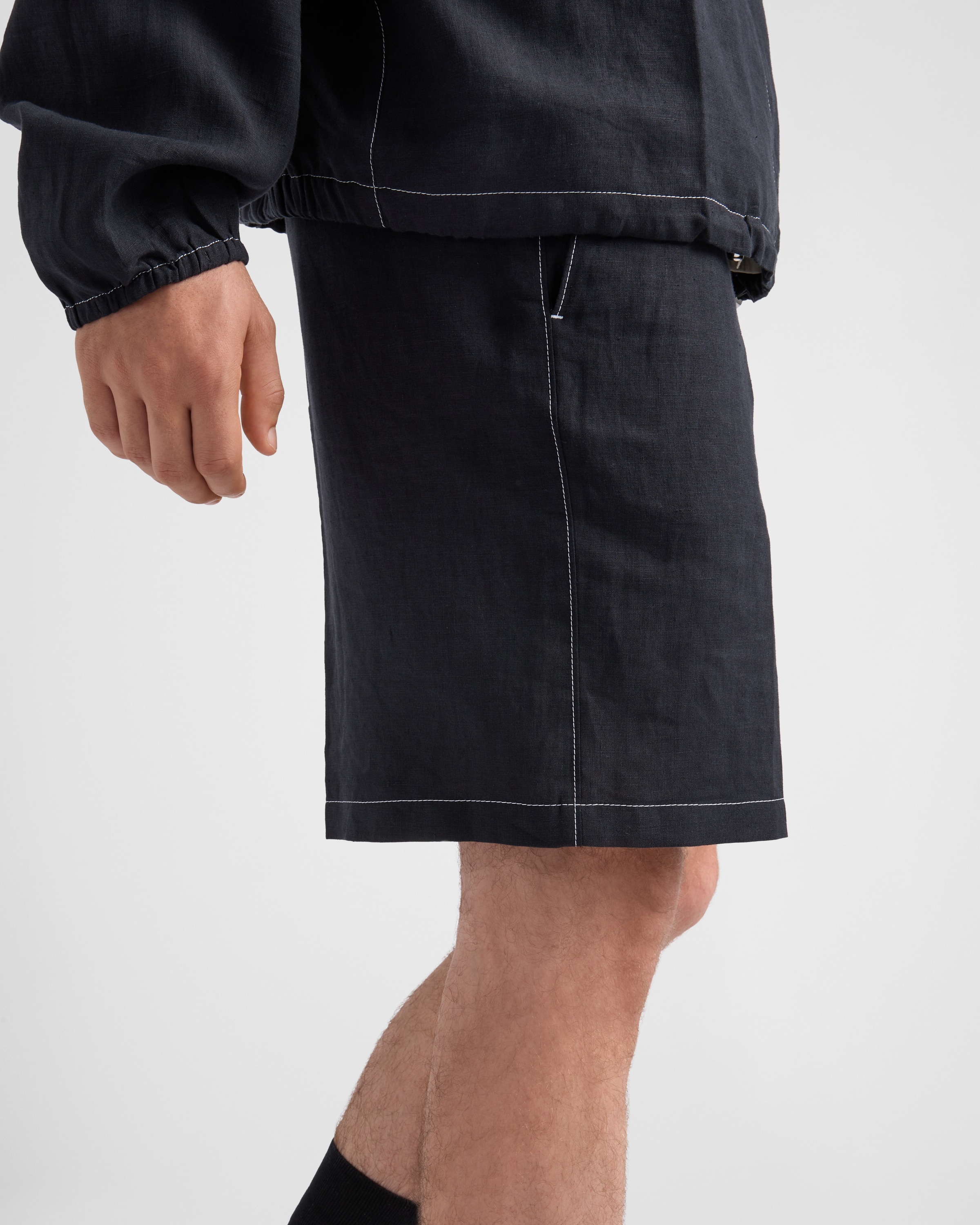 Prada Mens Black Triangle-logo Tailored Linen Bermuda Shorts In Black