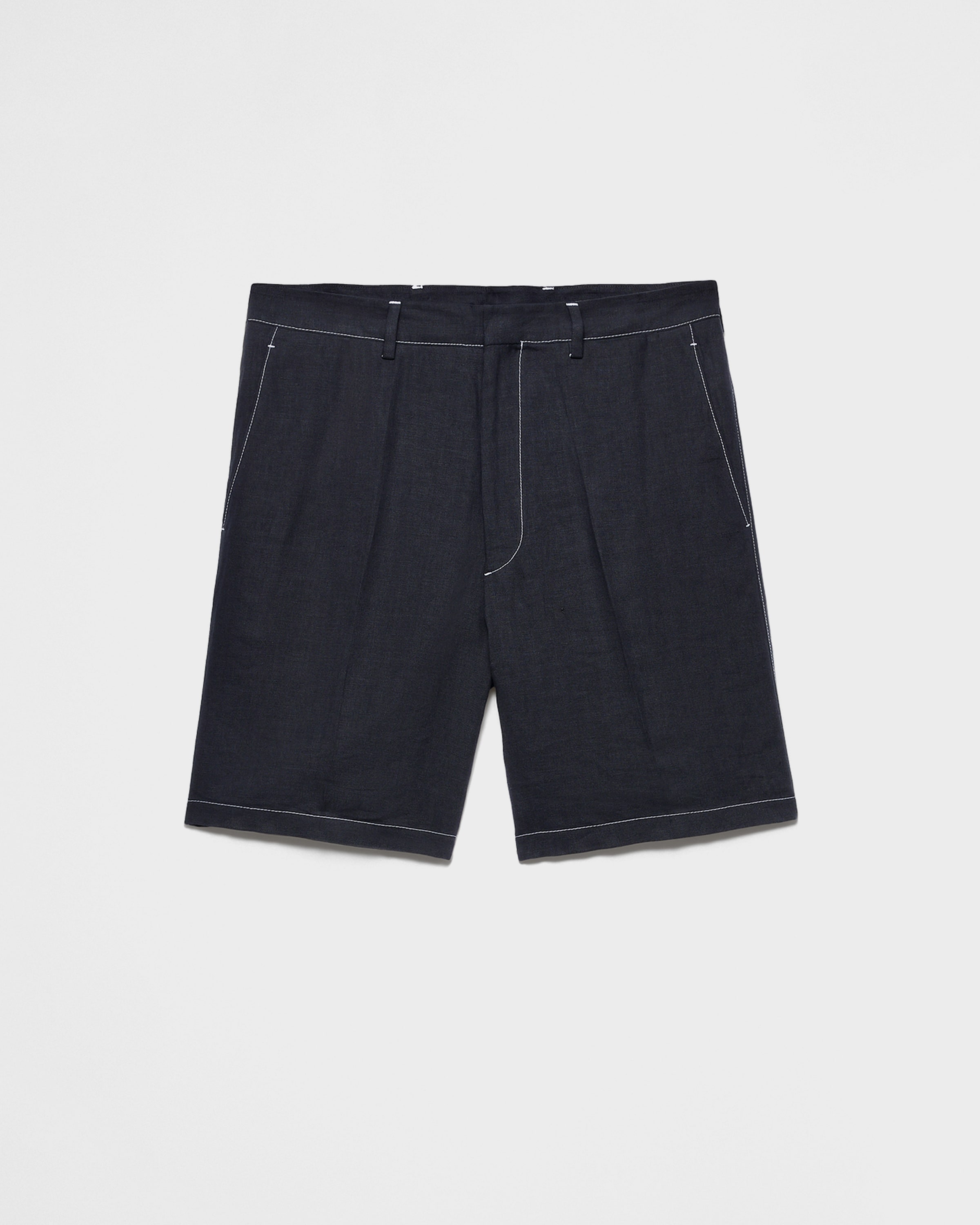 Prada Mens Black Triangle-logo Tailored Linen Bermuda Shorts In Black