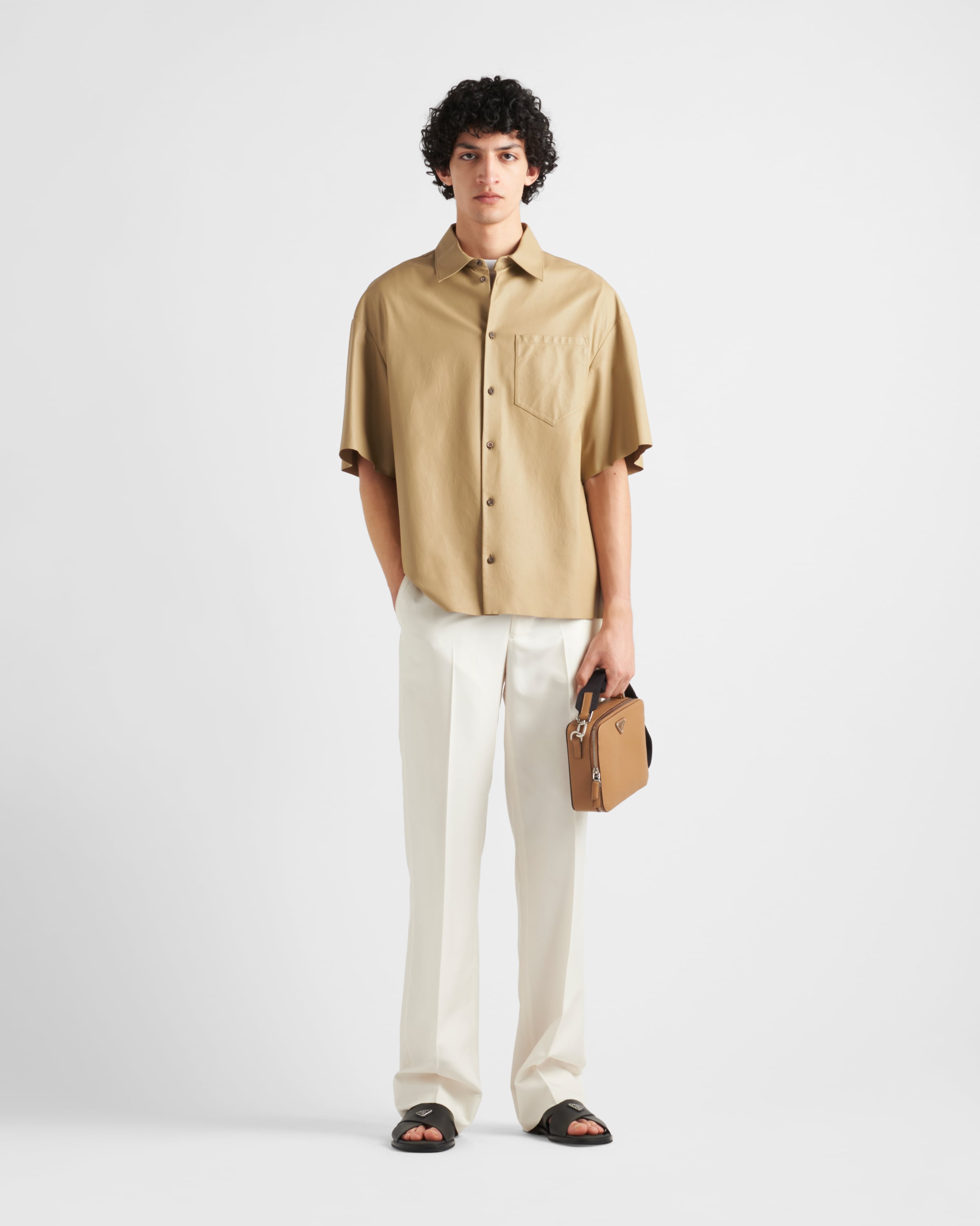 Shop Prada Leather Shirt In Khaki