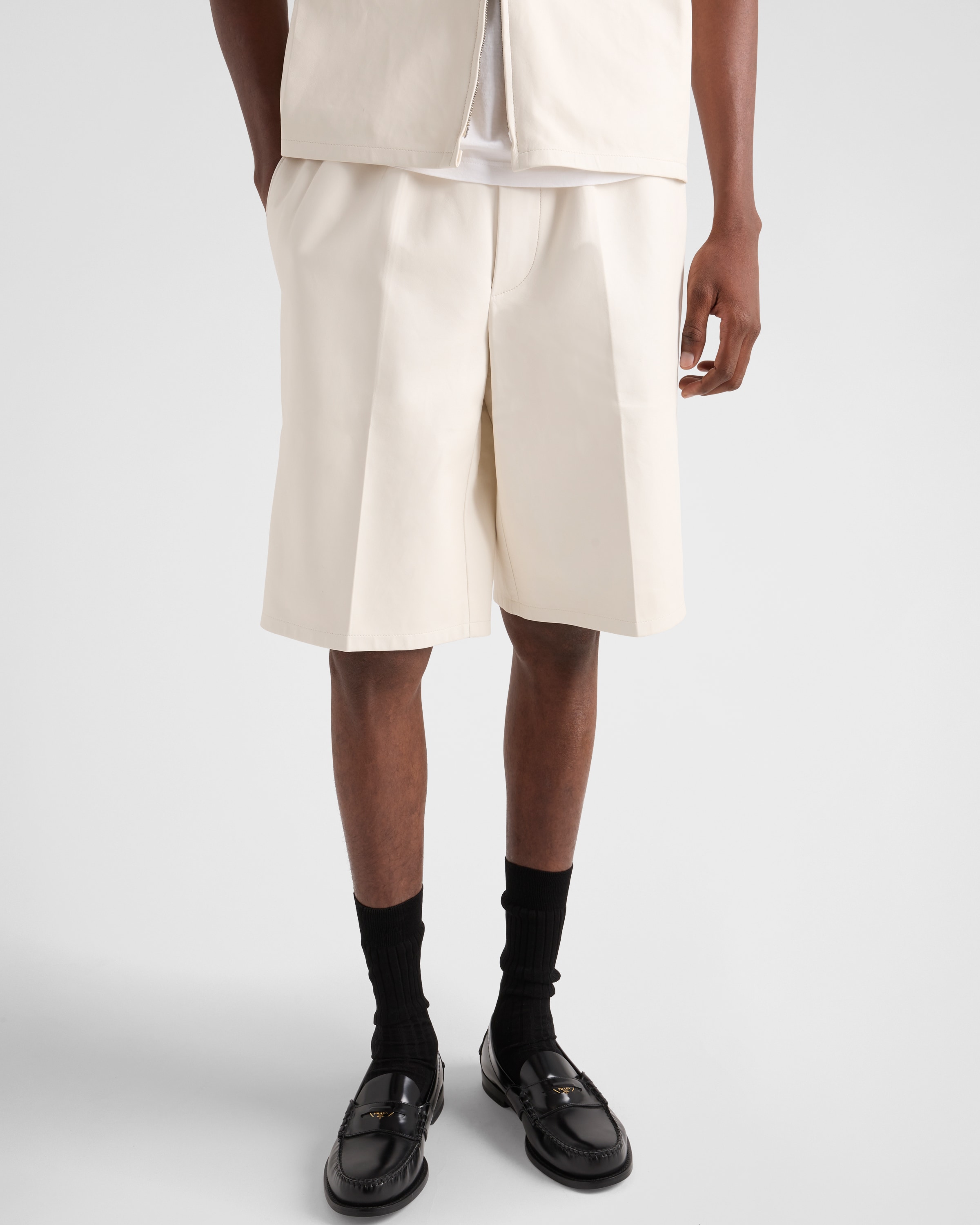 Prada Nappa Leather Bermudas In Chalk White