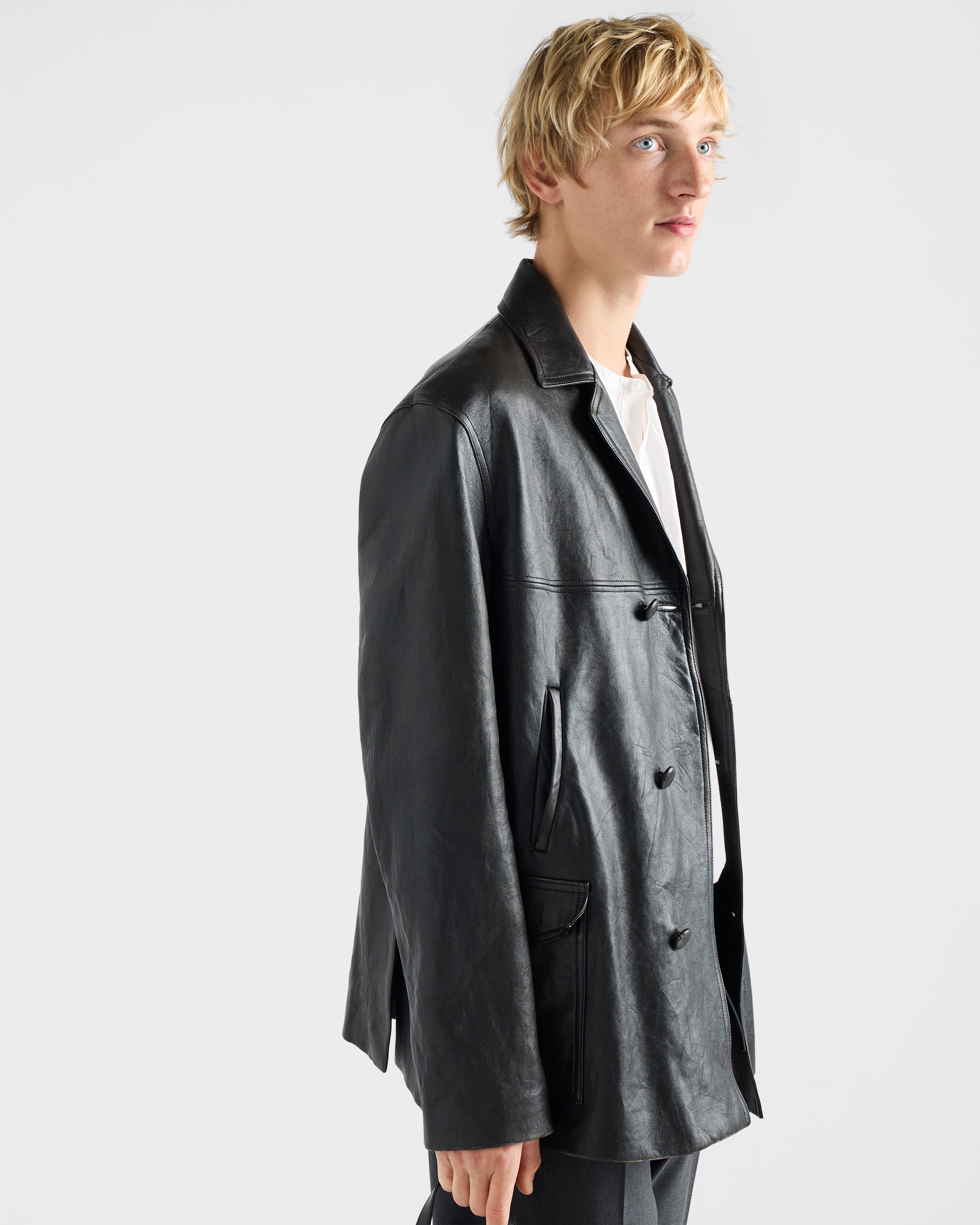 Double-breasted nappa leather caban jacket